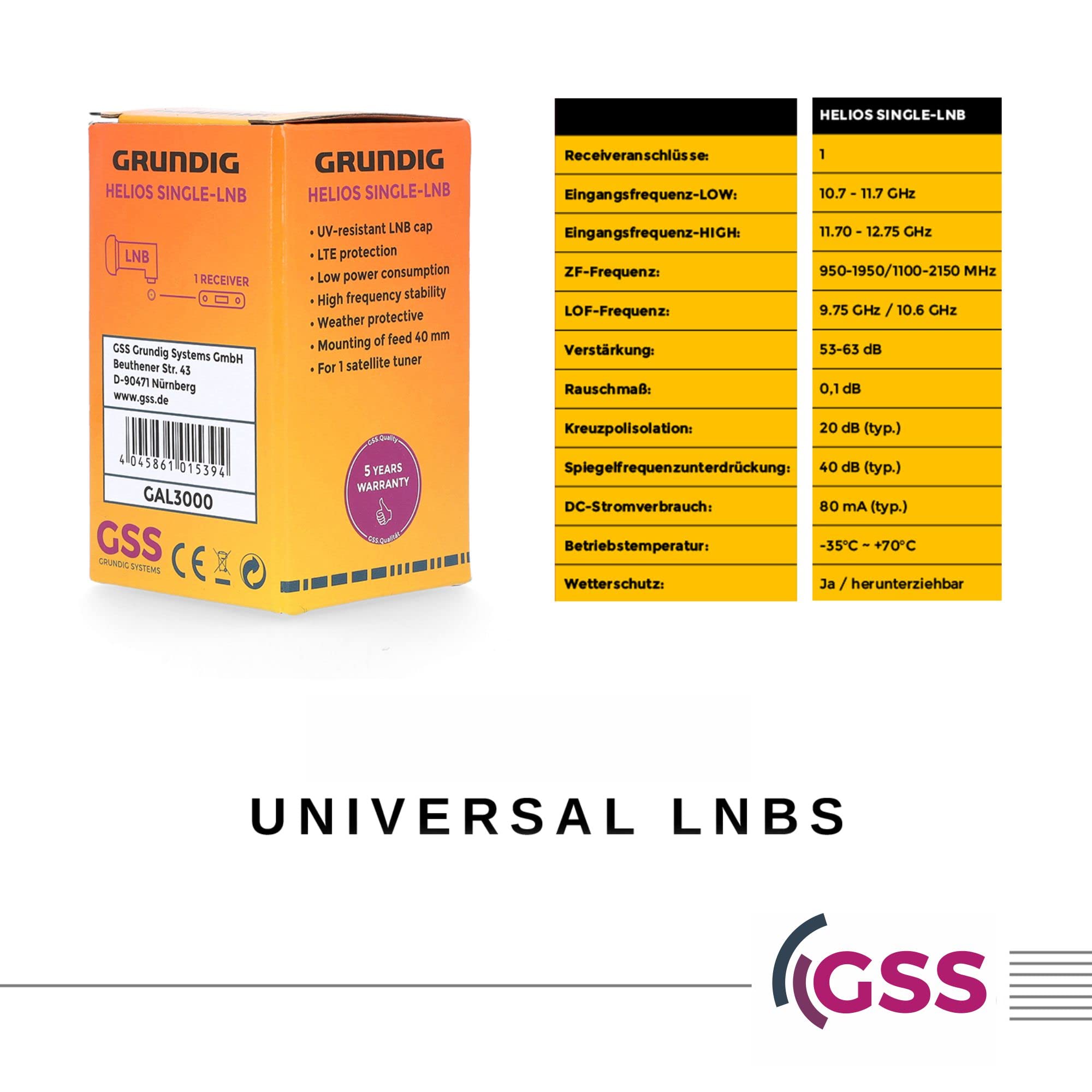 [ Test très bien, note 1.2 *] GSS Helios Single LNB avec blindage LTE et protection solaire UV, 1 compartiment HD, 4 K LMB pour 1 participant, (TV TV, récepteur satellite) LNC pour antenne parabolique