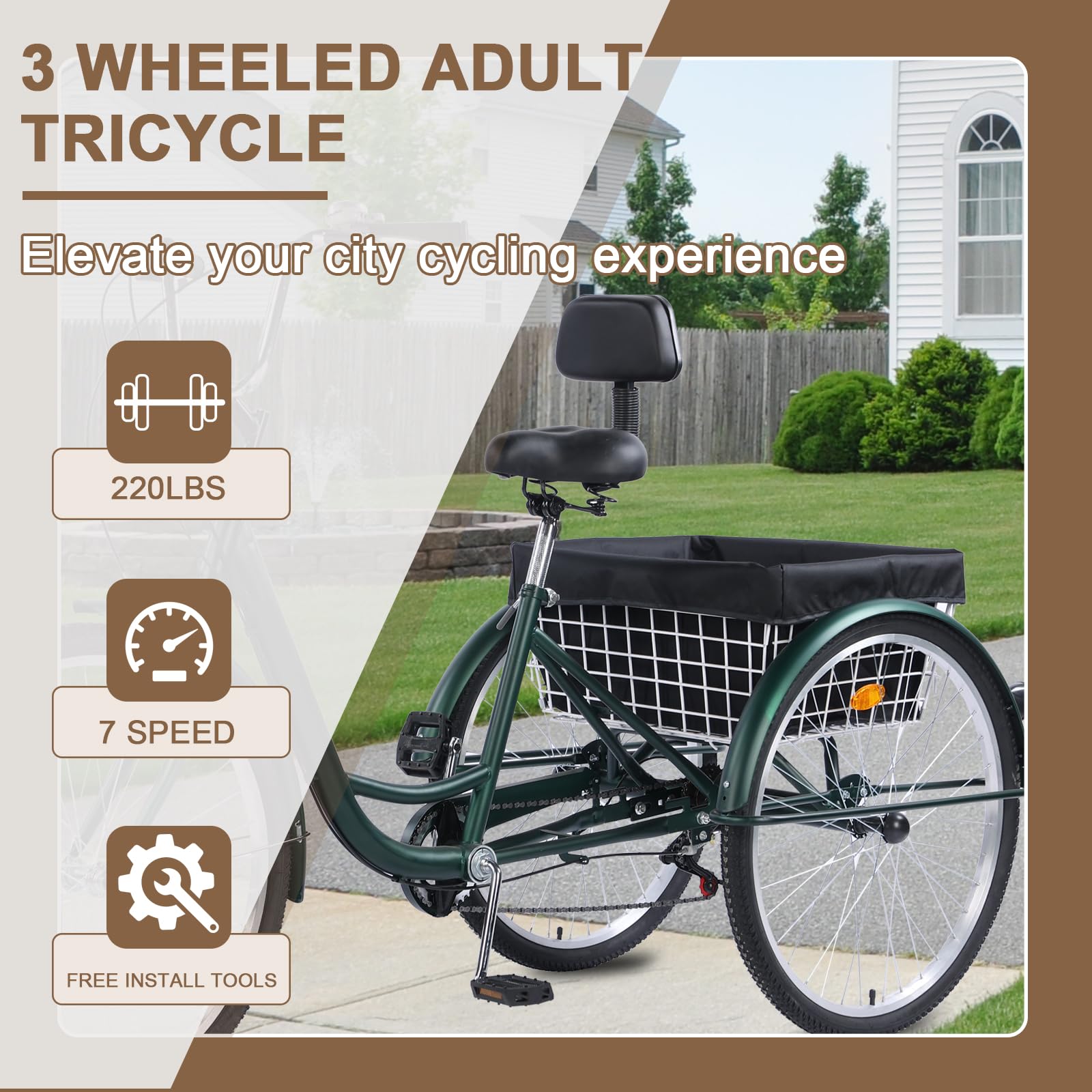 26 Inch Adult Tricycle, 7 Speed 3 Wheel Bikes, Large Seat with Backrest Trike for Adults with Rear Baskets, Cruiser Bike for Seniors Women Men Commute Picnic Outdoor