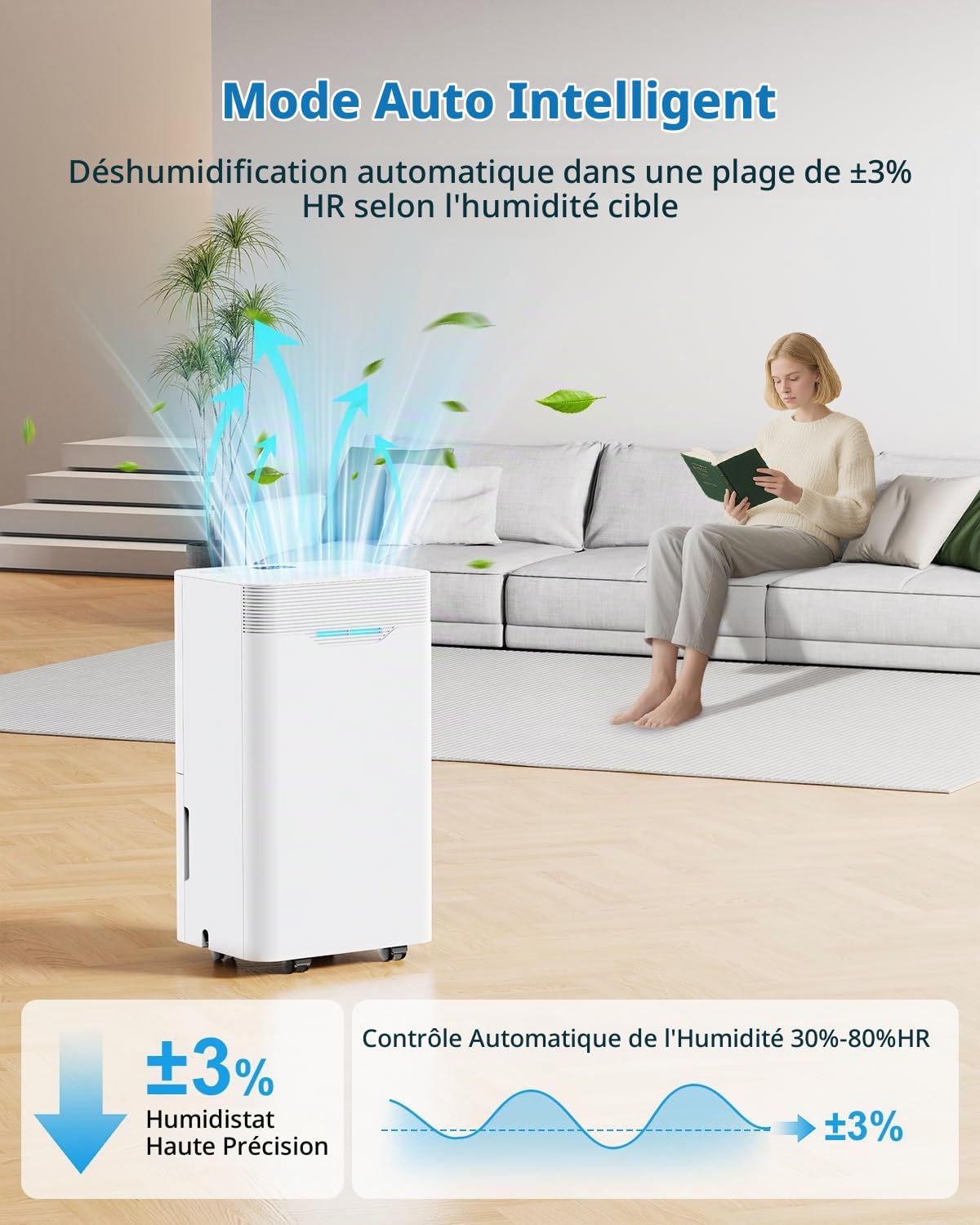 Déshumidificateur 12L/Jour, Déshumidificateur Electrique avec Minuterie 24 H, 3 Modes, Arrêt Automatique, Drainage Continu, pour Maison 100m³, pour Salles de bains, Chambres, Blanc