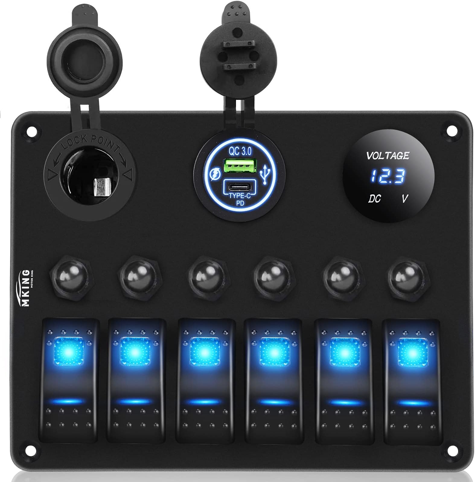 6 Gang Marine Switch Panel - Waterproof Rocker Switches with USB & Type-C Charger, Circuit Breaker, Digital Voltmeter, and Power Socket, Compatible with 12V-24V Vehicles