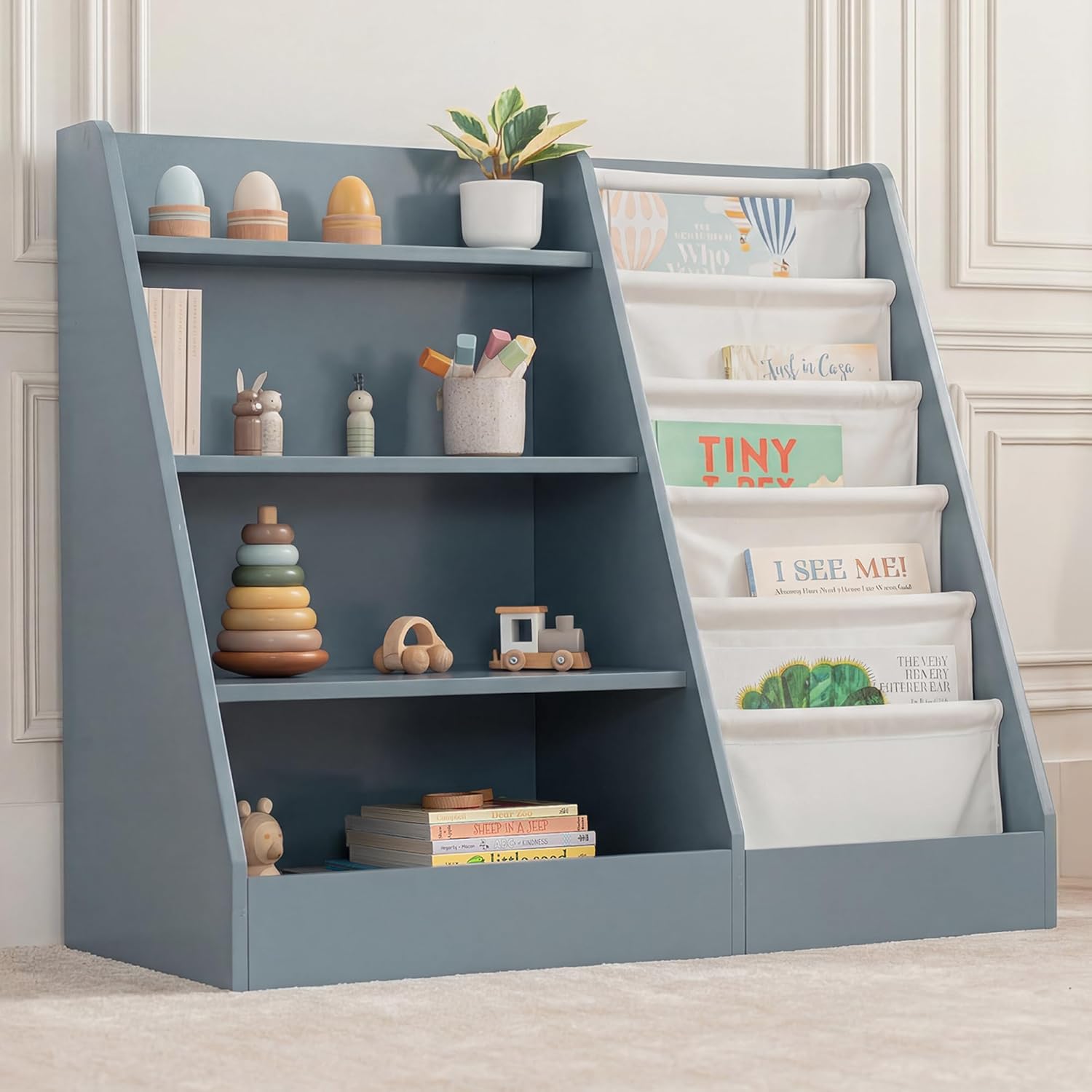 Comfy Cubs Kids Bookshelf 35.2 x 15.7 x 31.5 Inches - Sturdy MDF Montessori Book Shelf with Soft & Hard Shelves for Toys & Books - Child-Friendly, Easy Access Storage Organizer for Kids - Blue
