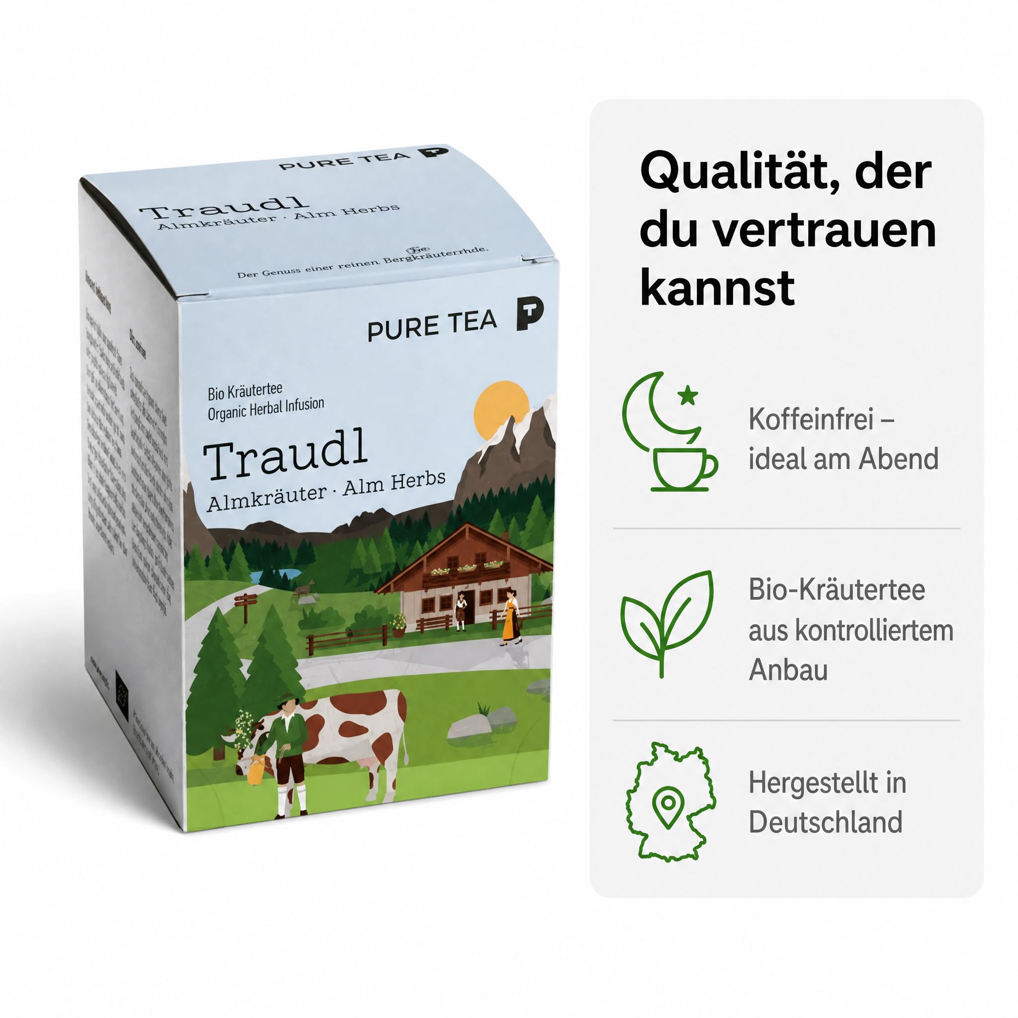 6 x PURE TEA Traudl Premium Kräutertee Almkräuter, koffeinfreier Alpenkräuter Tee als Kräutermischung mit Spitzwegerich, Apfelminze & Melisse, einzeln verpackte Kissenbeutel in Dispenserbox