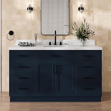 Isabella 60 Inch Bathroom Vanity Single Sink Midnight Blue Bathroom Vanity with Sink, 1.5" Edge Carrara White Quartz Countertop, Solid Wood, 2 Soft-Close Doors, 8 Dovetail Drawers + Tilt Drawer