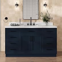 DKB Isabella 60 Inch Bathroom Vanity Single Sink Midnight Blue Bathroom Vanity with Sink, 1.5" Edge Carrara White Quartz Countertop, Solid Wood, 2 Soft-Close Doors, 8 Dovetail Drawers + Tilt Drawer