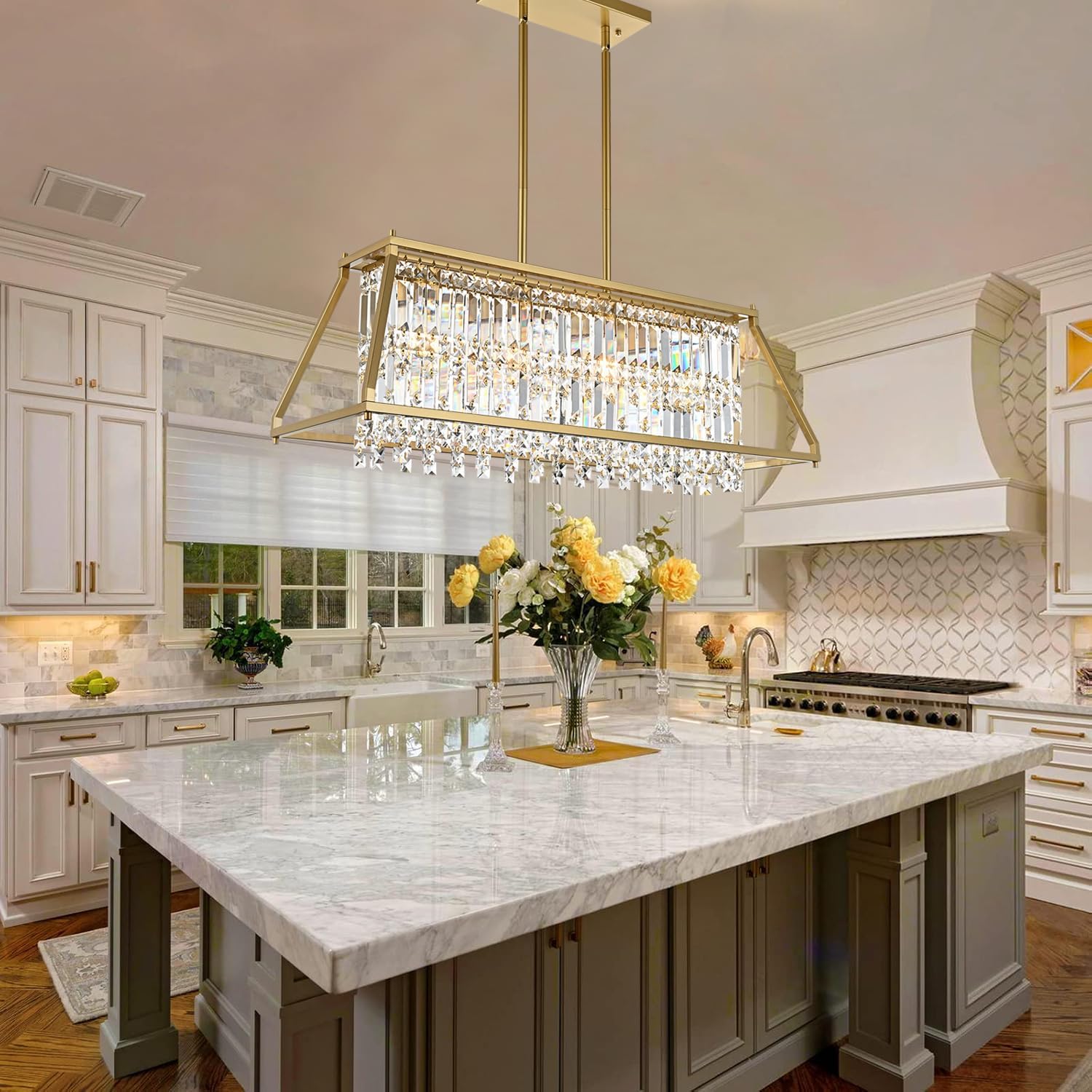 Crystal Chandelier Light for Dining Room, 4-Light Trapezoidal Industrial K9 Crystal Pendant Lights with Brushed Gold Metal Frame Pendant Lamp for Kitchen Island Living Room Entryway (Gold)