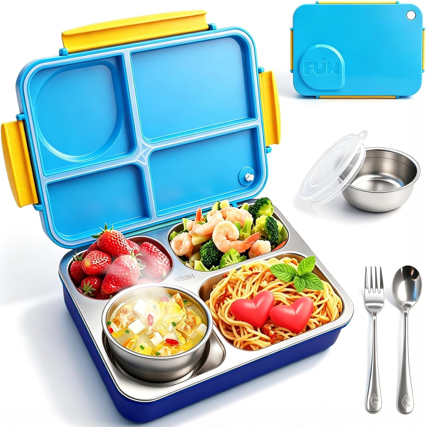 Kids Stainless Steel Lunch Box,304 Stainless Toddler Leak-Resistant Insulated Metal Bento Box,Suitable Schools,Office,Use Comes With An Independent Soup Cup,Tableware,4 Compartments (Blue)
