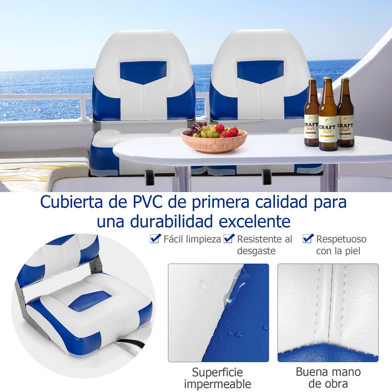 GOPLUS Juego de 2 Asientos de Barco, Silla Plegable para Barco Impermeable, Asiento Yate Ergonómico con Correas y Tornillos de Fijación, 42 x 50 x 52 cm, para Pescar, Pilotaje, Barco de Pesca (Azul)