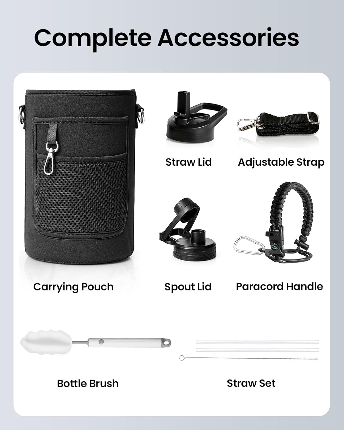 64 oz Insulated Water Bottle with Straw Lid and Spout Cap, Half Gallon Stainless Steel Water Flask with Carrying Pouch, Keep Cold for 48 Hrs Hot for 24 Hrs Water Thermo Canteen, Black