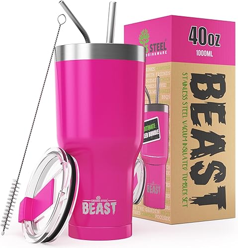 Miniatura 2 de BEAST - Juego de vaso rosa de 40 onzas con asa, taza de café de acero inoxidable + 2 cepillos para pajillas, caja de regalo y mango negro