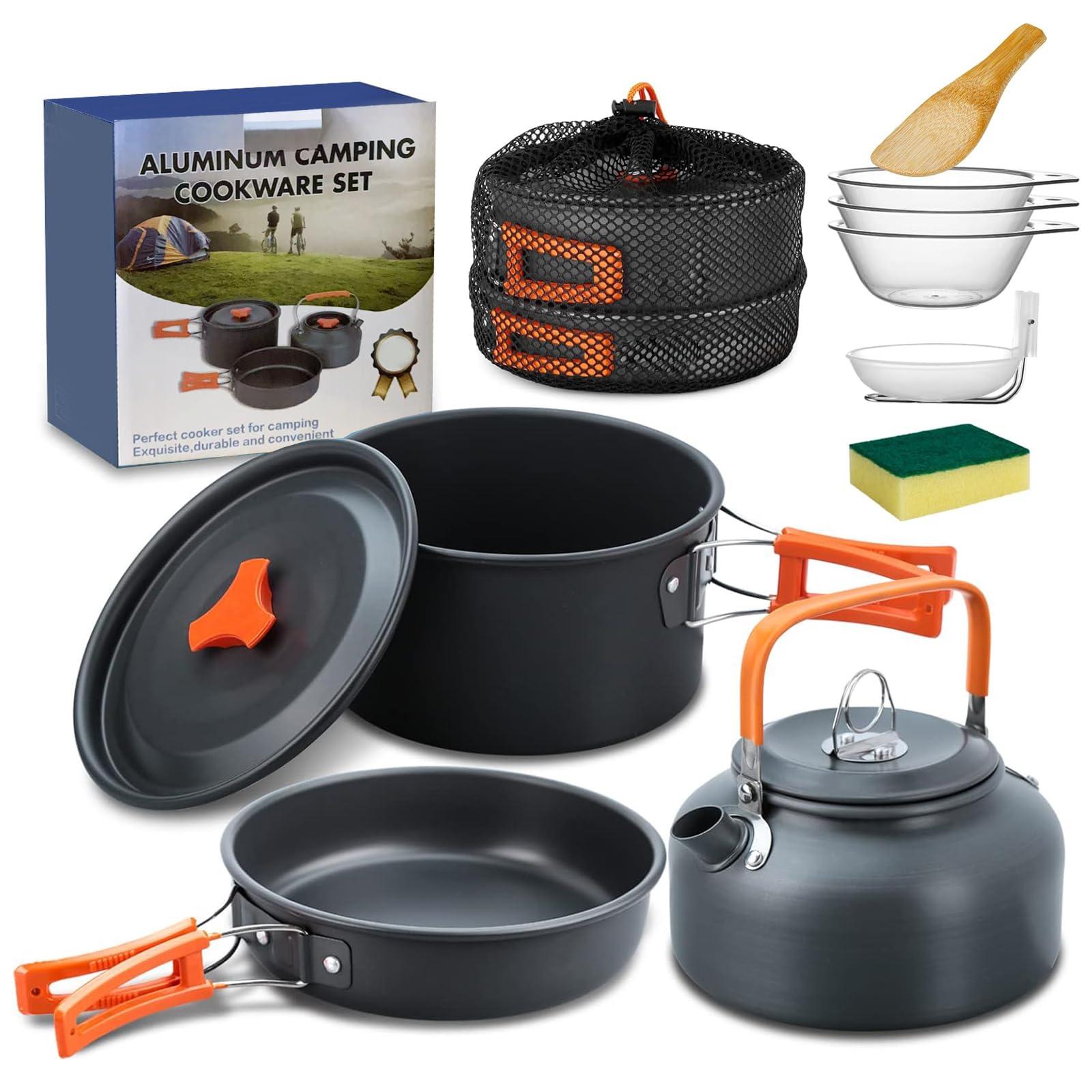 Zestaw naczyń kempingowych, 10-częściowy zestaw naczyń do gotowania na świeżym powietrzu, dla 2-4 osób, patelnia kempingowa i dzbanek do herbaty, na wędrówki, piknik, BBQ
