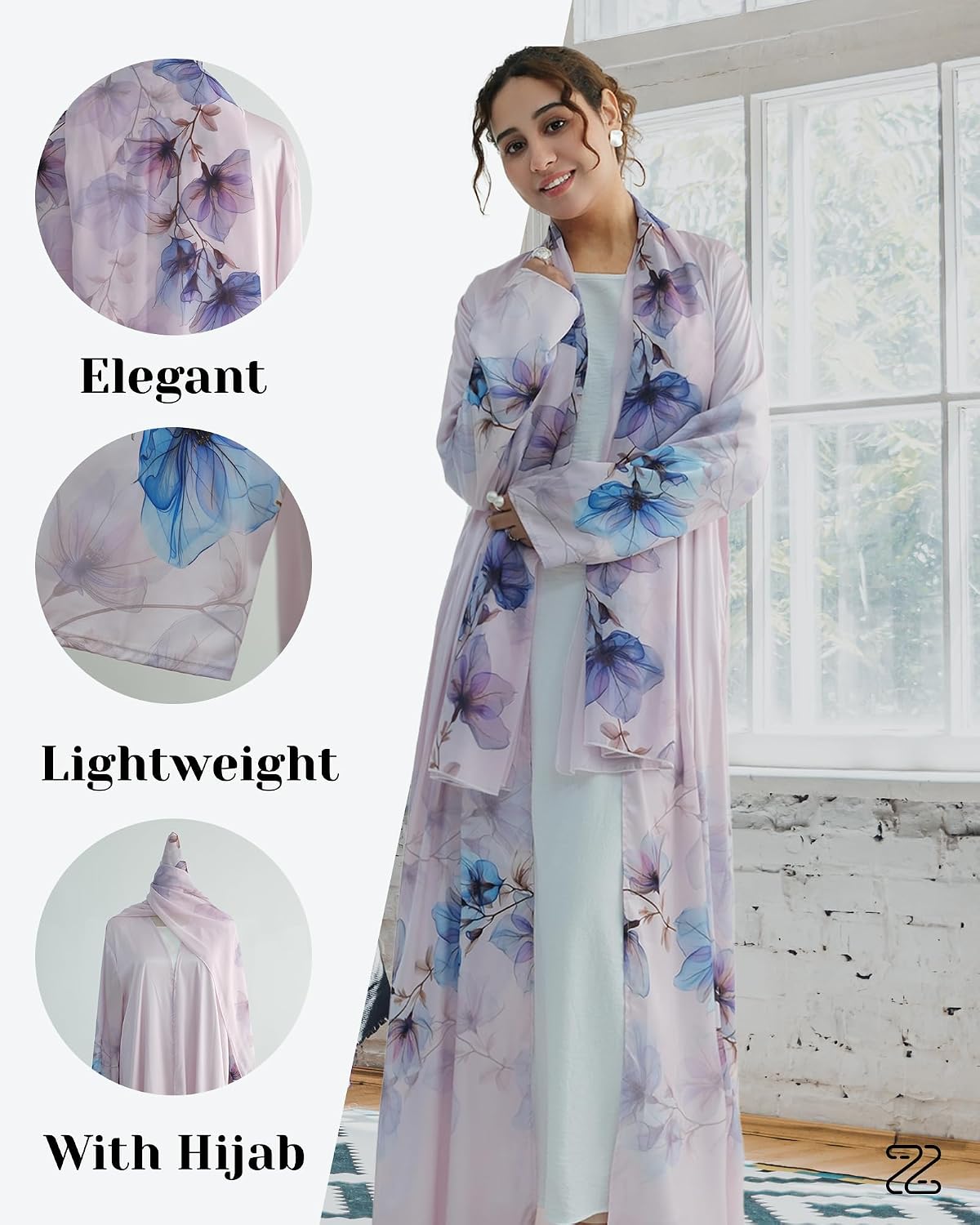 Women Floral Abaya Cardigan with Hijab Set Modest Muslim Robe 2pcs Outfit Open Front Middle Eastern Islamic Dress