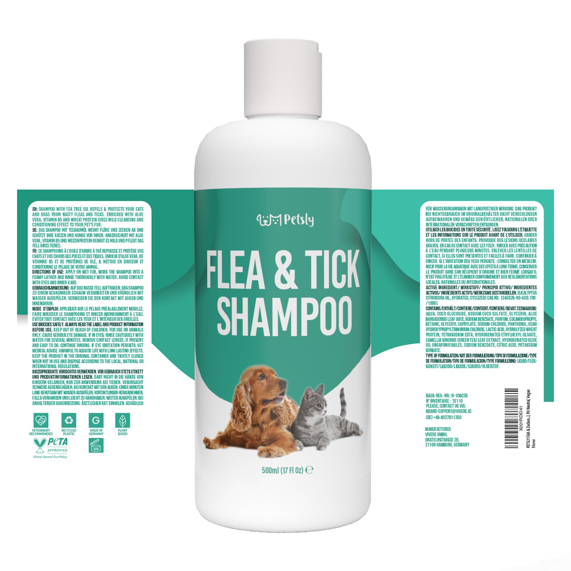 Petsly® Shampoing Anti Puces Chien Chat Chevaux -500ml- Élimine Puces & Tiques - pH Équilibré Peau Sensible, Nettoie, Apaise & Protège - Aloe Vera, Géraniol, Thé Vert, Camomile - Fabriqué en Allemagne