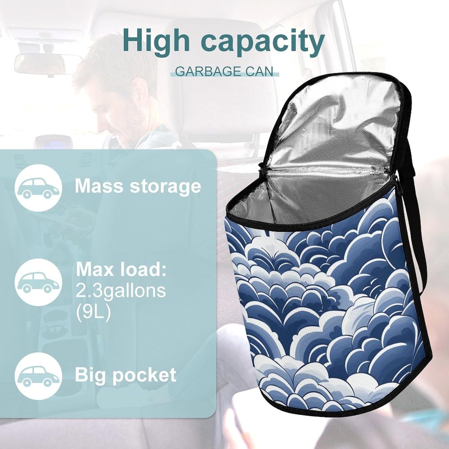 Hanging Car Trash Bag Blue and White Printed Car Garbage Storage Bag Leakproof Car Trash Can Portable Garbage Storage Bags