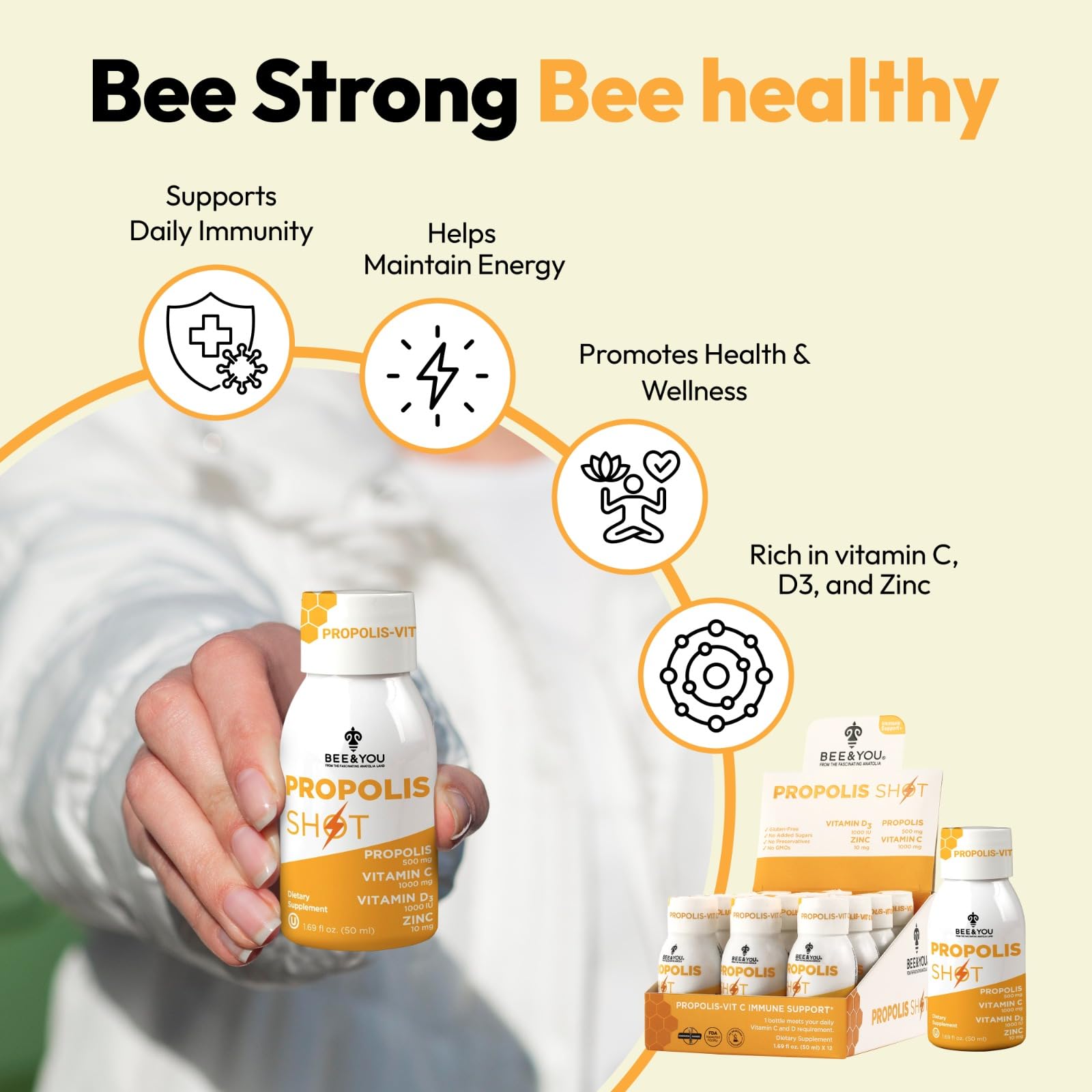 BEE and You Immune Support 100% Natural Propolis Shot Supplement, Antioxidants, Vitamin C, VIT D3, Zinc, Orange Juice, Raw Honey, 1.69 fl. oz x 12 Bottles — Amazon image 3