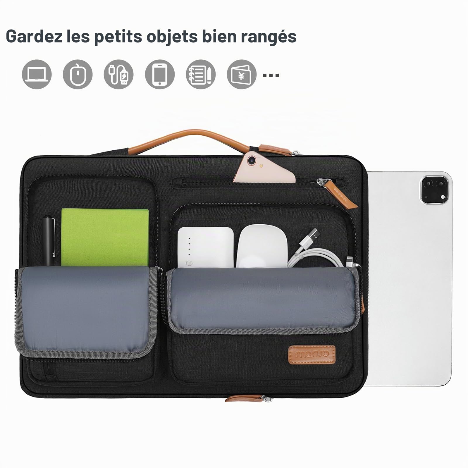 MOSISO Housse de Tablette pour iPad Pro 11 M4&iPad Air M2 2024,iPad Pro 11 M2 M1,iPad 9/8/7 10.2,iPad Air 5/4 10.9,Galaxy Tab 11,Sac Ouverture latérale avec 4 Poches zippées,Noir