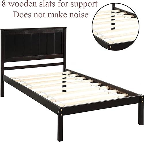 Miniatura 6 de Marco de cama de tamaño individual con cabecero, marco de cama de plataforma de madera, estilo rústico moderno, resistente, soporte de listones de