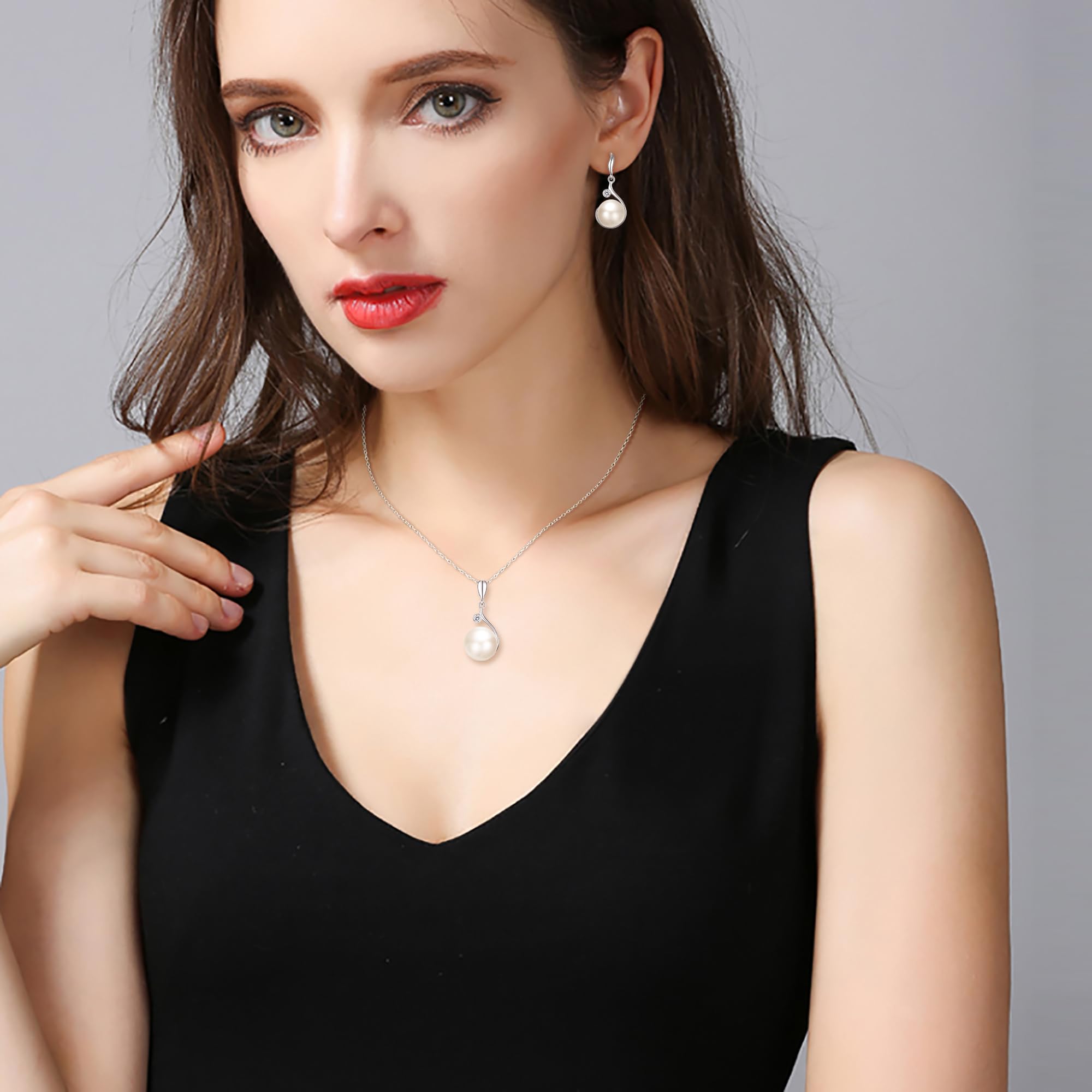 Conjunto de colgante y pendientes de plata de ley 925 CZ AAA con perlas cultivadas en agua dulce, de la marca Ever Faith