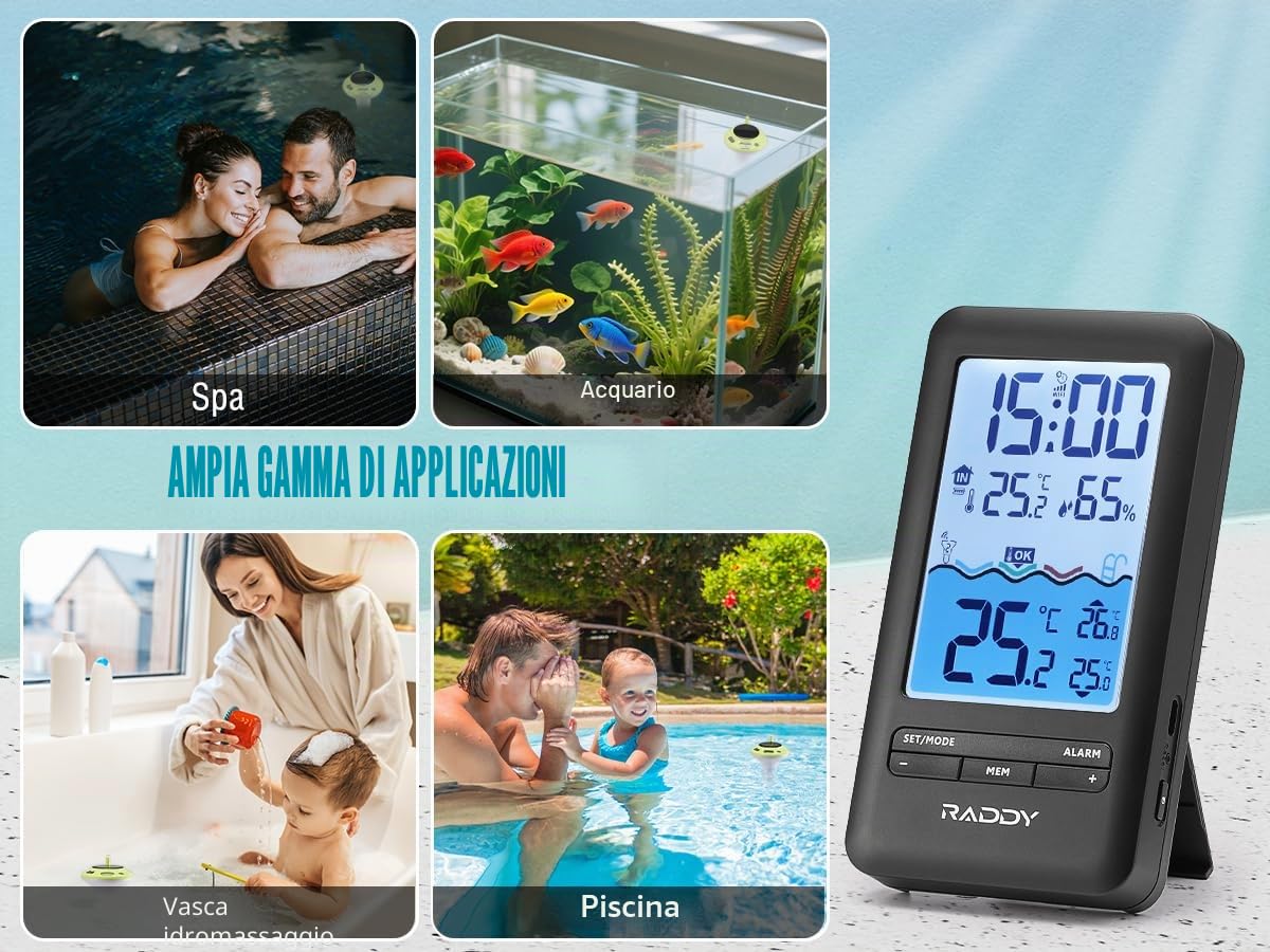 Raddy PT-5 Wi-Fi Termometro per piscina, Console interna, APP monitoraggio remoto tramite, IPX8, ricaricabile tramite energia solare e USB-C, per piscina, vasca idromassaggio, Stagno