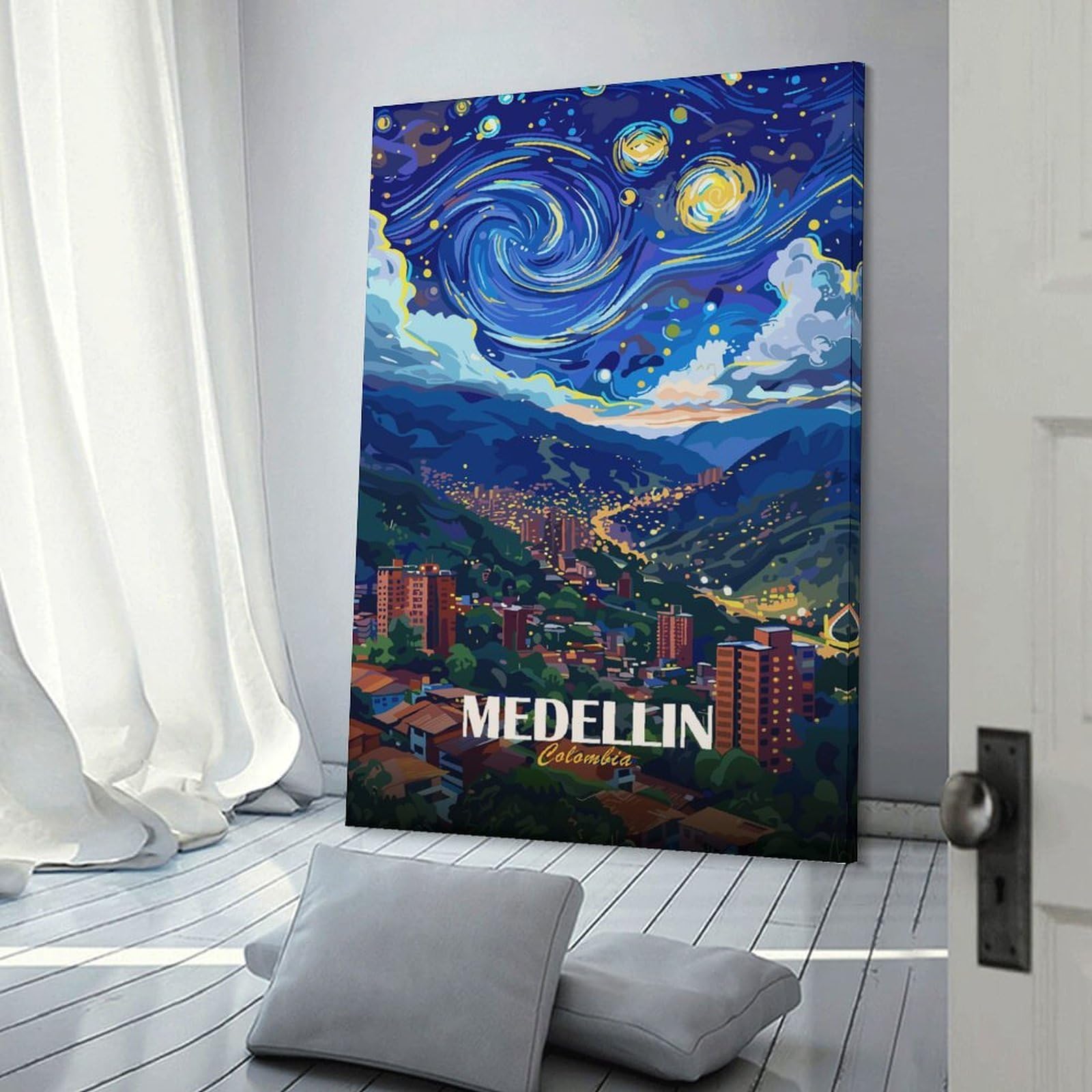 Junmoney Wall Decor Canvas Print Medellin Colombia Starry Night Art, 08x12inch(20x30cm), for Front Hall, Corridor Or Welcome Spaces, A Neat Decor Update for Hallways