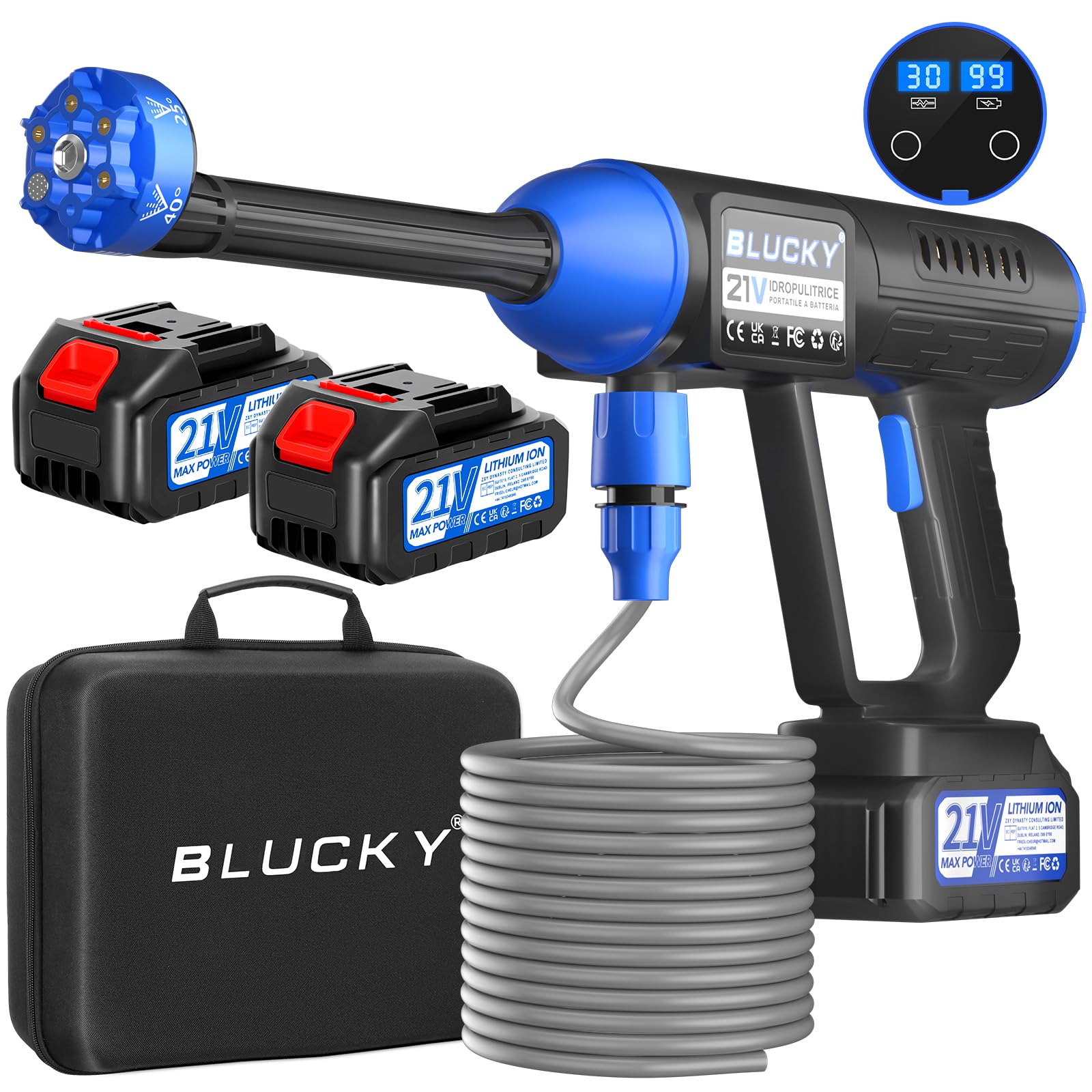 Idropulitrice a Batteria, Idropulitrice Portatile con 6 In 1 Ugello, Idropulitrices Batteria con Controllo della Pressione Infinitamente Regolabile Per Pulizie Esterni Giardino Auto