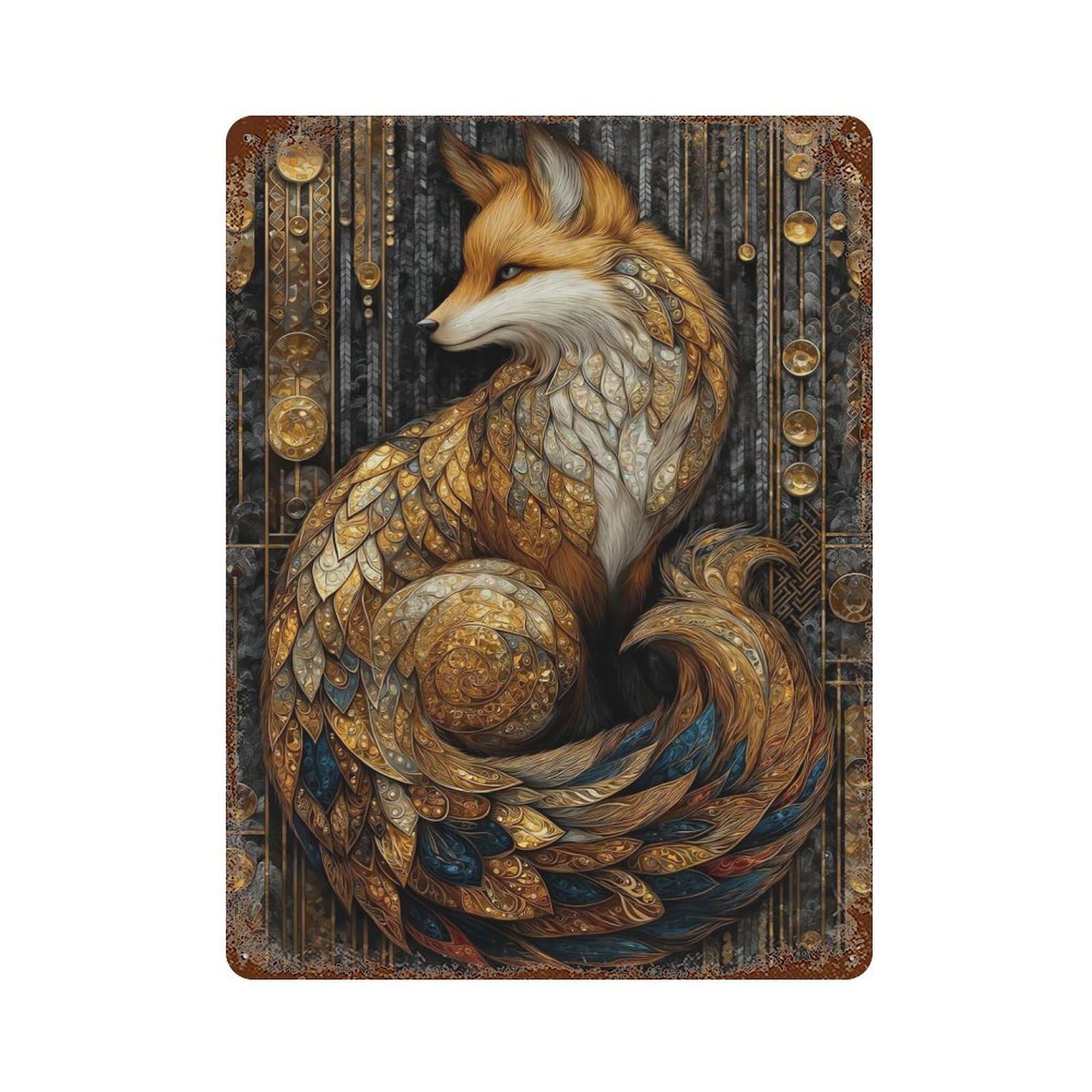 Rust Effect Stained Glass Art Deco Fox Aged Metal Wall Plaque 15.7"x11.8", Farmhouse Wall Decor for Office, Studio And Wall Decor