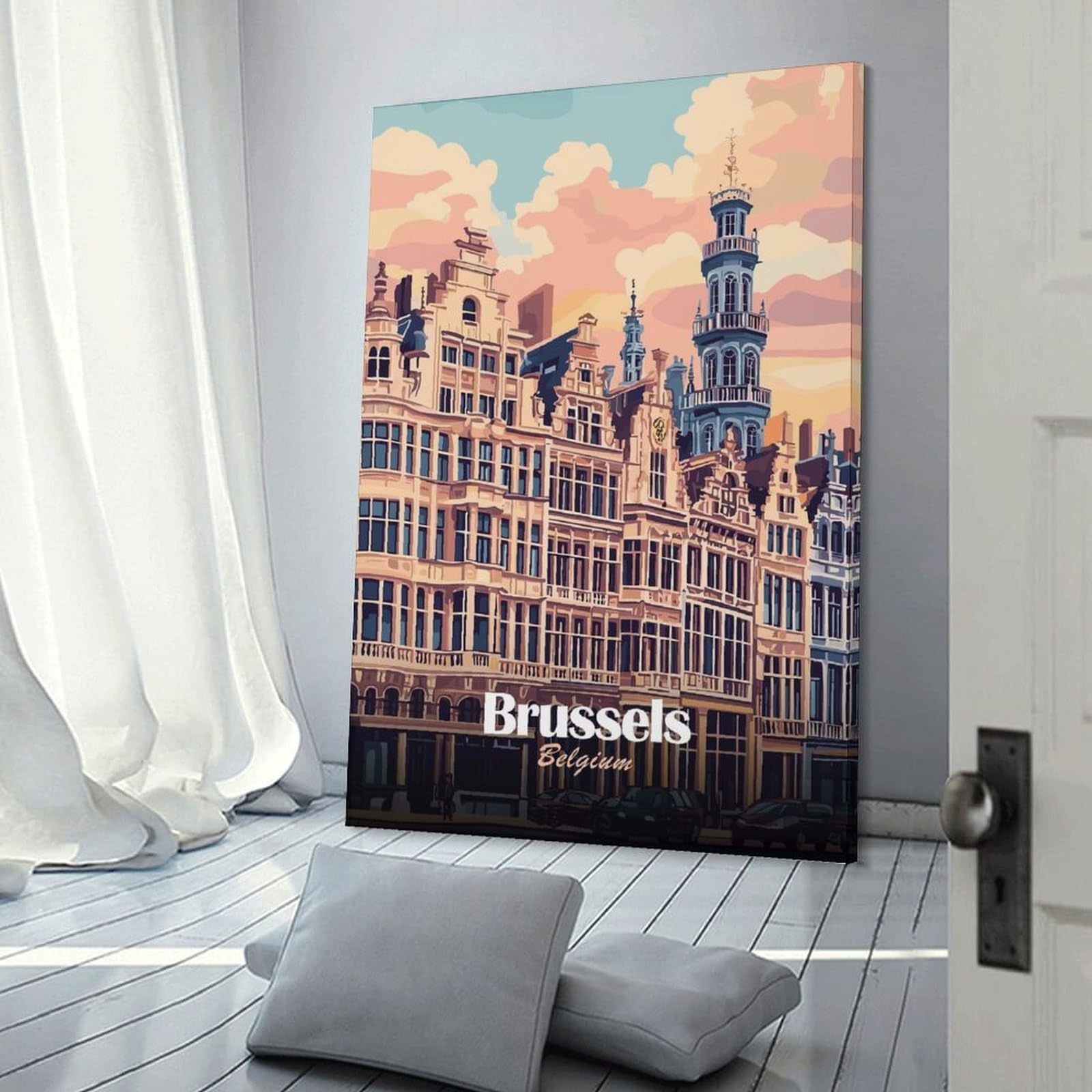 Junmoney Wall Decor Canvas Print Brussels, Belgium Cityscape Art(2), 20x30inch(50x75cm), for Study, Office Or Focused Interiors, Wall Art That Adds Style to Work Areas