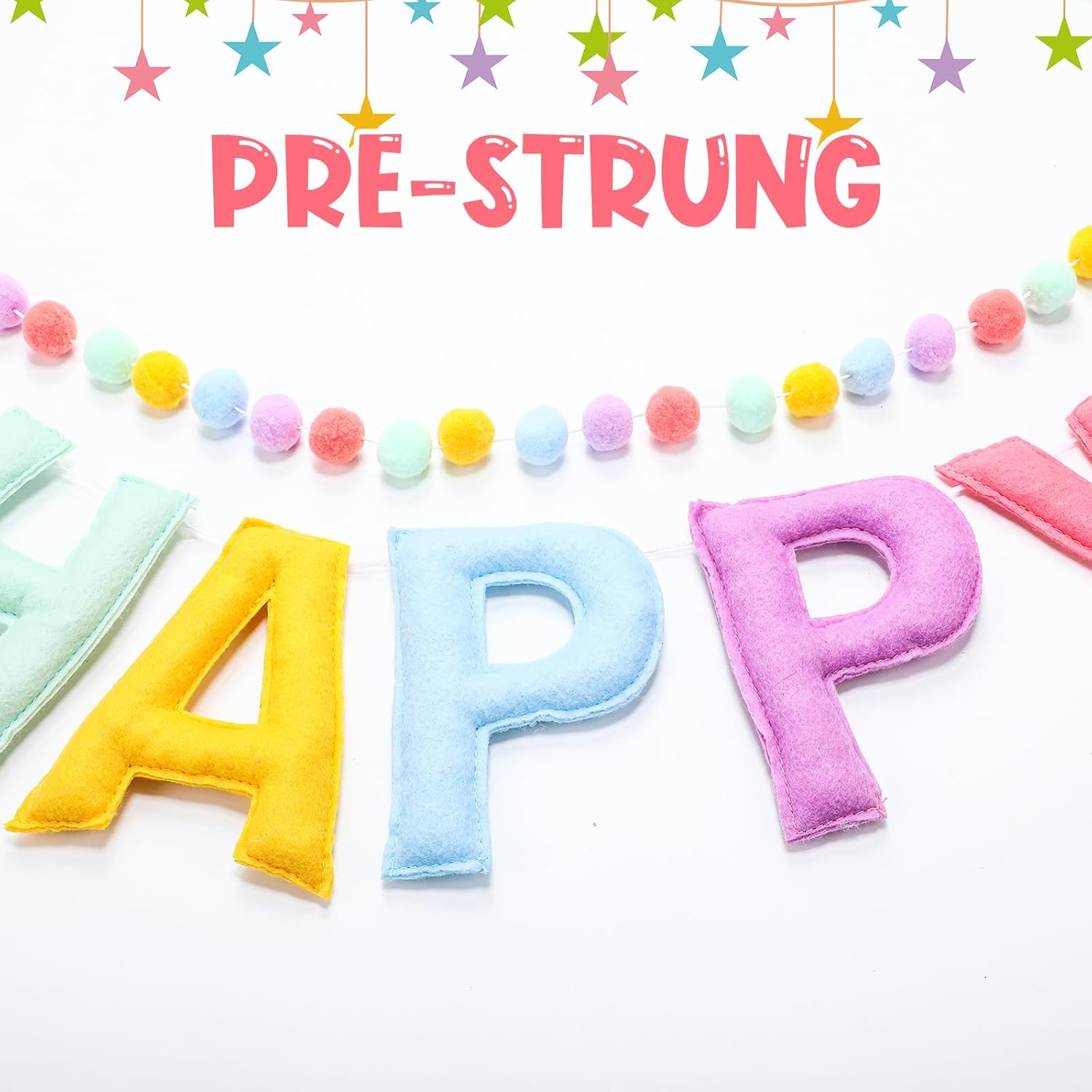 Mindsoft 4 Pcs Felt Happy Birthday Banner Pre-strung Happy Birthday Banner Felt Ball Garland Tassel and Triangle Flags Garland Pastel Backdrop Decorations for Kids Adults Party Supplies