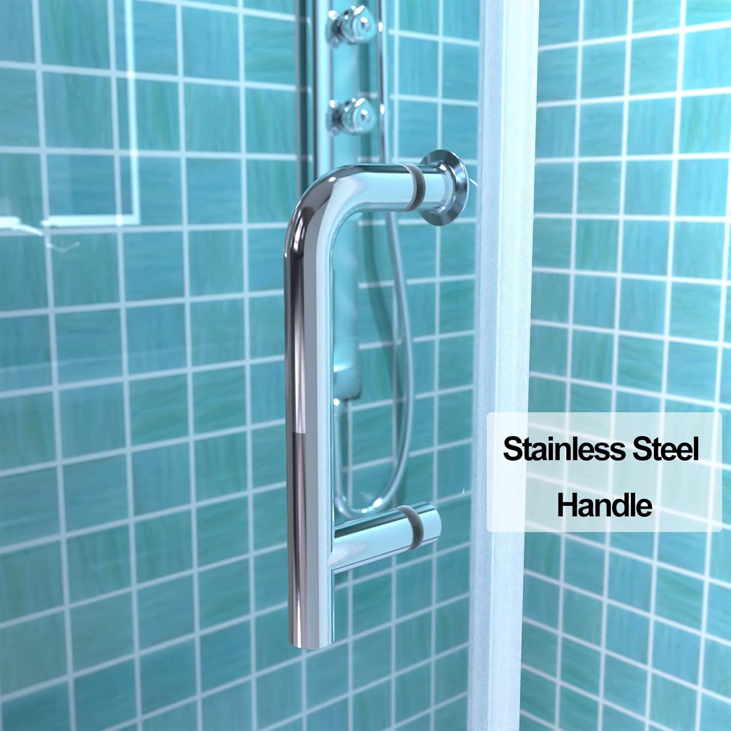 Close-up of the stainless steel handle on the shower door