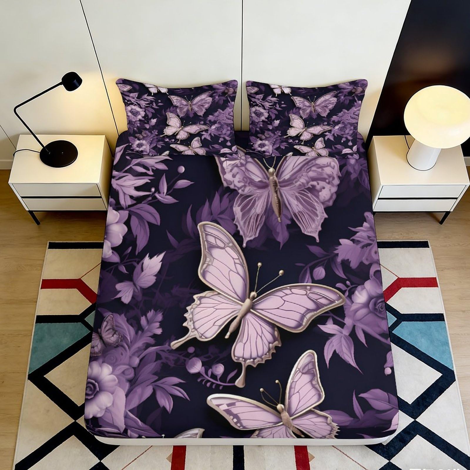 Uynsixtme Style-4 3D Printed Butterfly Fitted Sheet Microfiber Deep Pocket Bedroom Bedding Non-Slip Butterfly Mattress Fitted Cover 90X200x25cm