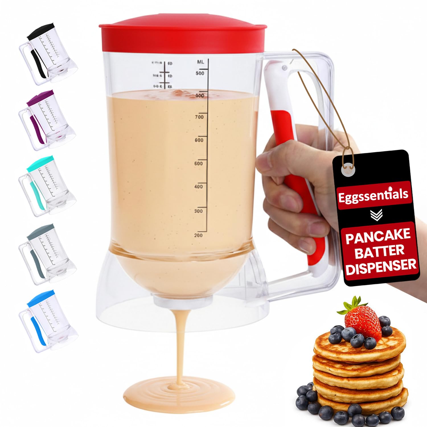 Eggssentials Dispensador de panqueques, dispensador de masa con mango para apretar, para cupcakes, panqueques, pasteles de galletas, gofres y separación de galletas.
