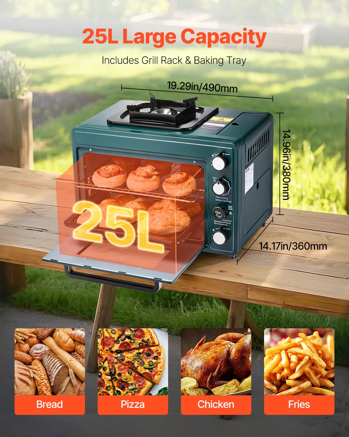 VEVOR Outdoor Ofen 2 in 1 tragbarer Campingofen, einstellbare Feuerrate, 60-Minuten-Timer, winddicht, mit Grillrost und Bratblech, für Campingausrüstung Picknick im Garten Kochen im Freien