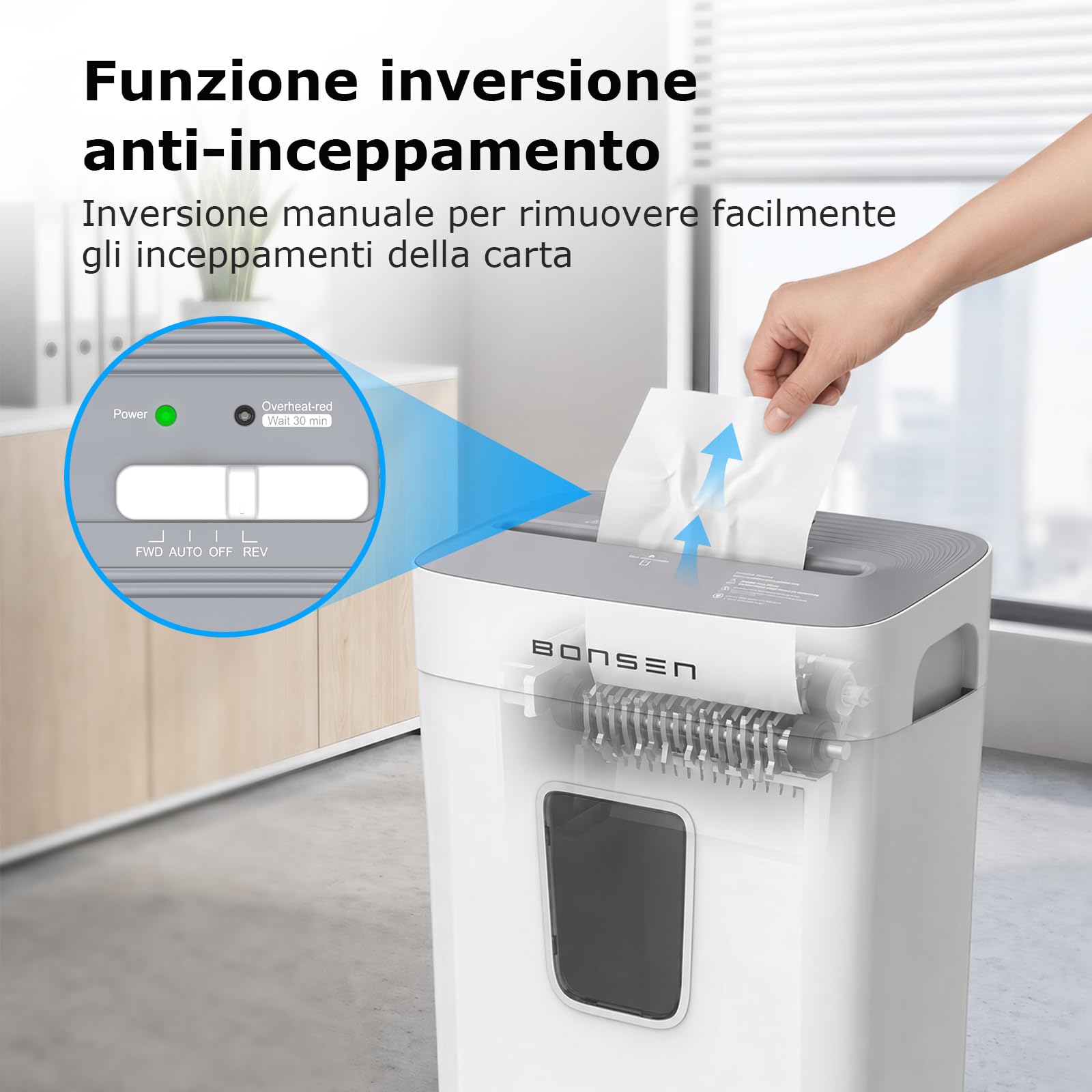BONSEN Distruggidocumenti Microtaglio 6 Fogli, Livello di Sicurezza P-4 | Può triturare carte di credito e graffette, ciclo continuo 5 min, cestino da 16L con finestra, protezione da surriscaldamento
