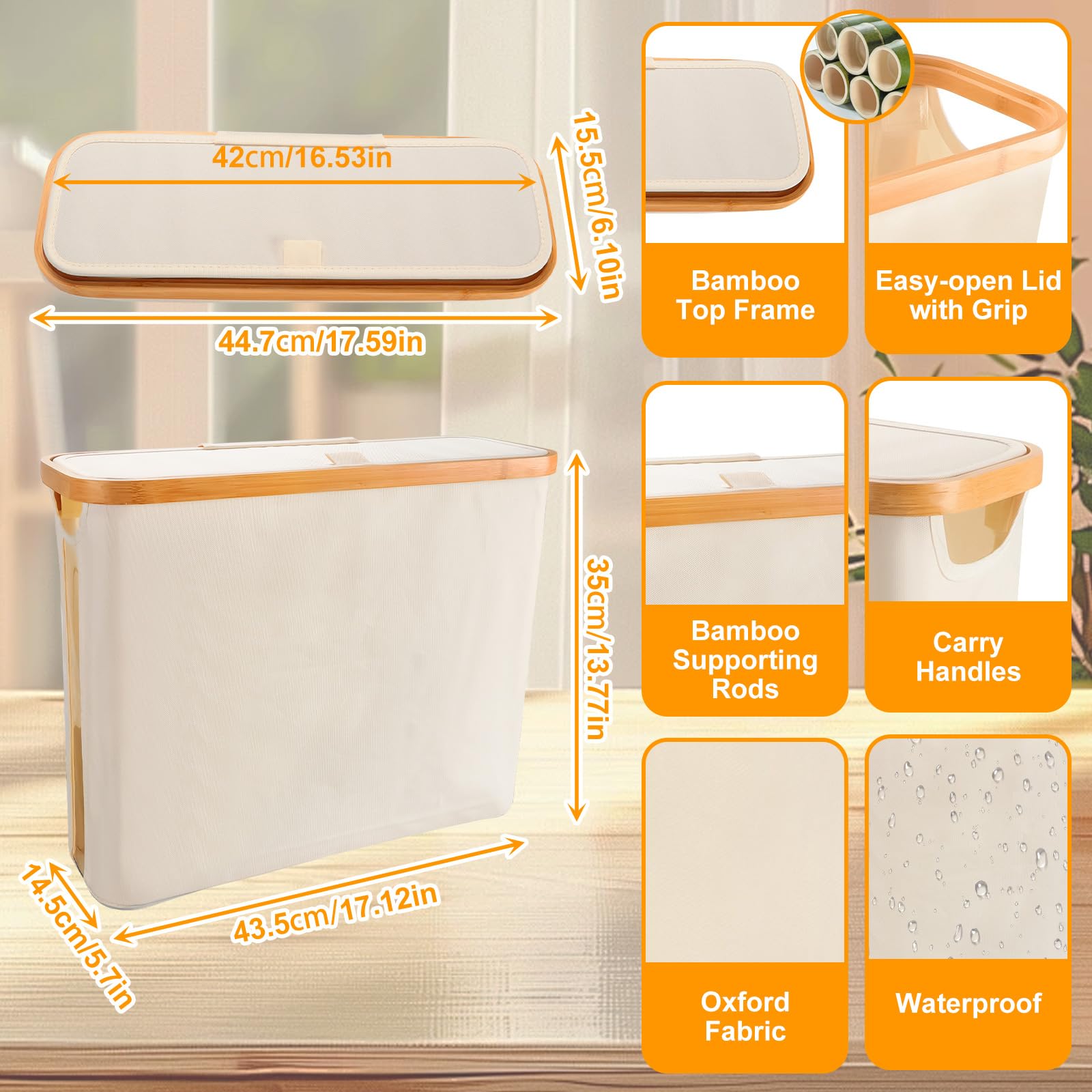 StorageWorks Toiletpapier opbergdoos met bamboe deksel, toiletpapier opslagmand voor 12 rollen, badkamer toiletrollen houder organizer met deksel decoratieve, beige, 44 x 18 x 37.5 cm