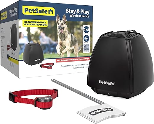 PetSafe Stay & Play Wireless Fence for Stubborn Dogs - America's Safest Wireless Pet Containment System - No Dig Electric Fence with Circular Boundary - Secure 3/4-Acre Yard - for Dogs 5lb+