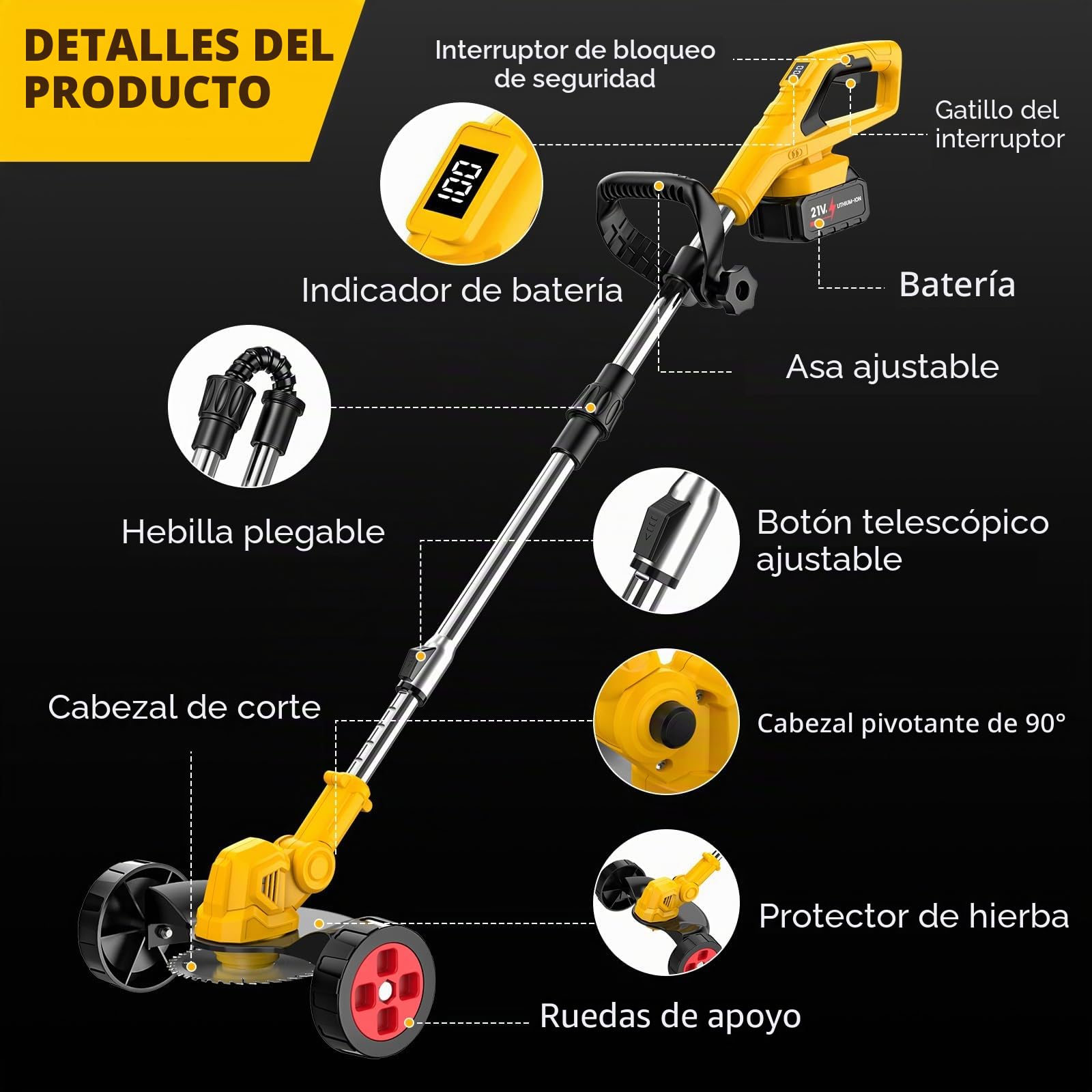 Desbrozadora Batería Plegable 21V, Cortadora de Césped Eléctrica 3 en 1 con 2 baterías, Ruedas, 12 Cuchillas, Cabezal 90°, Altura Ajustable para Jardín y Césped