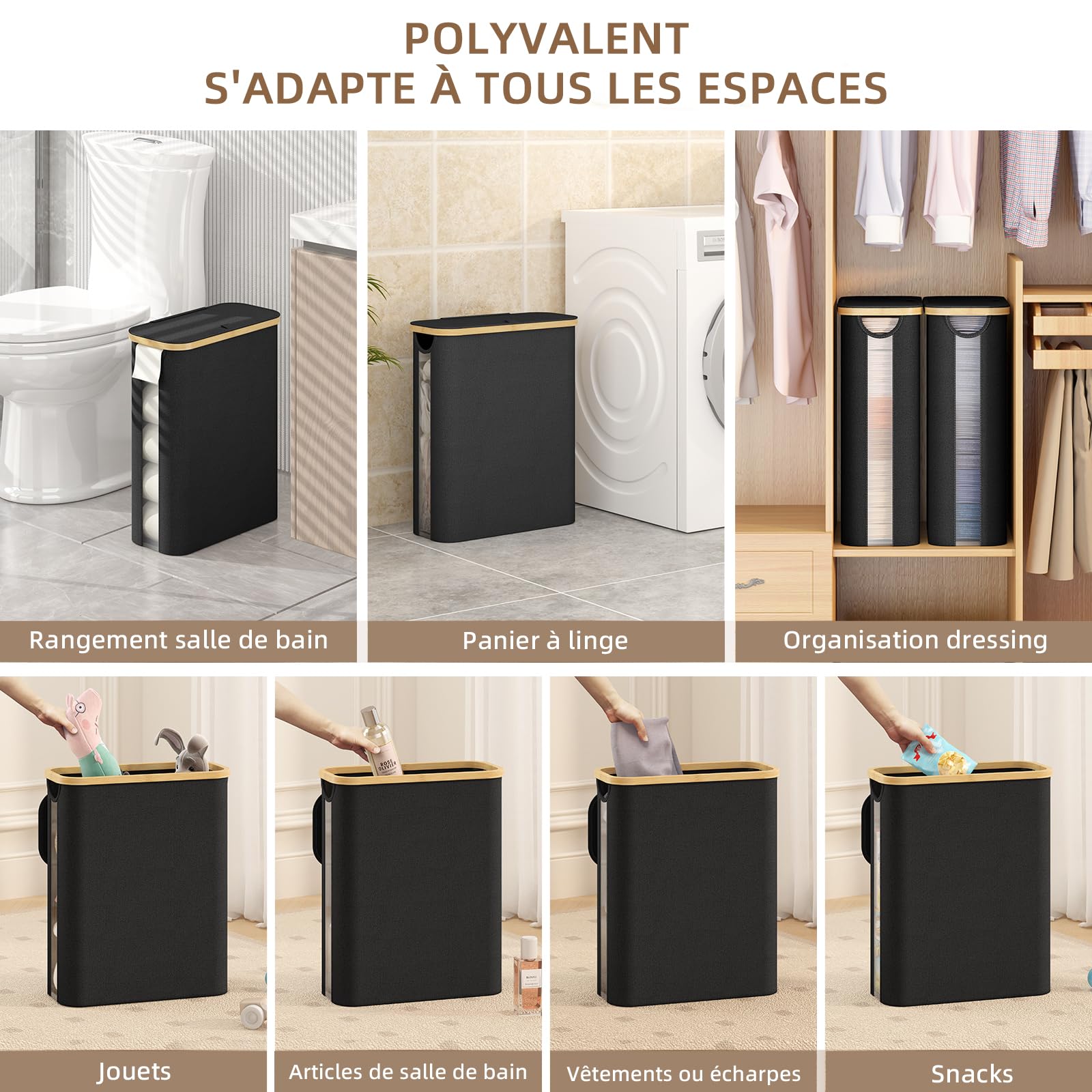 42L Rangement Papier Toilette avec Couvercle et Fenêtre de Visualisation, Toilette en Bambou Imperméable, Rangement Pliable pour Salle de Bain, Space-Saving Collapsible Design Noir