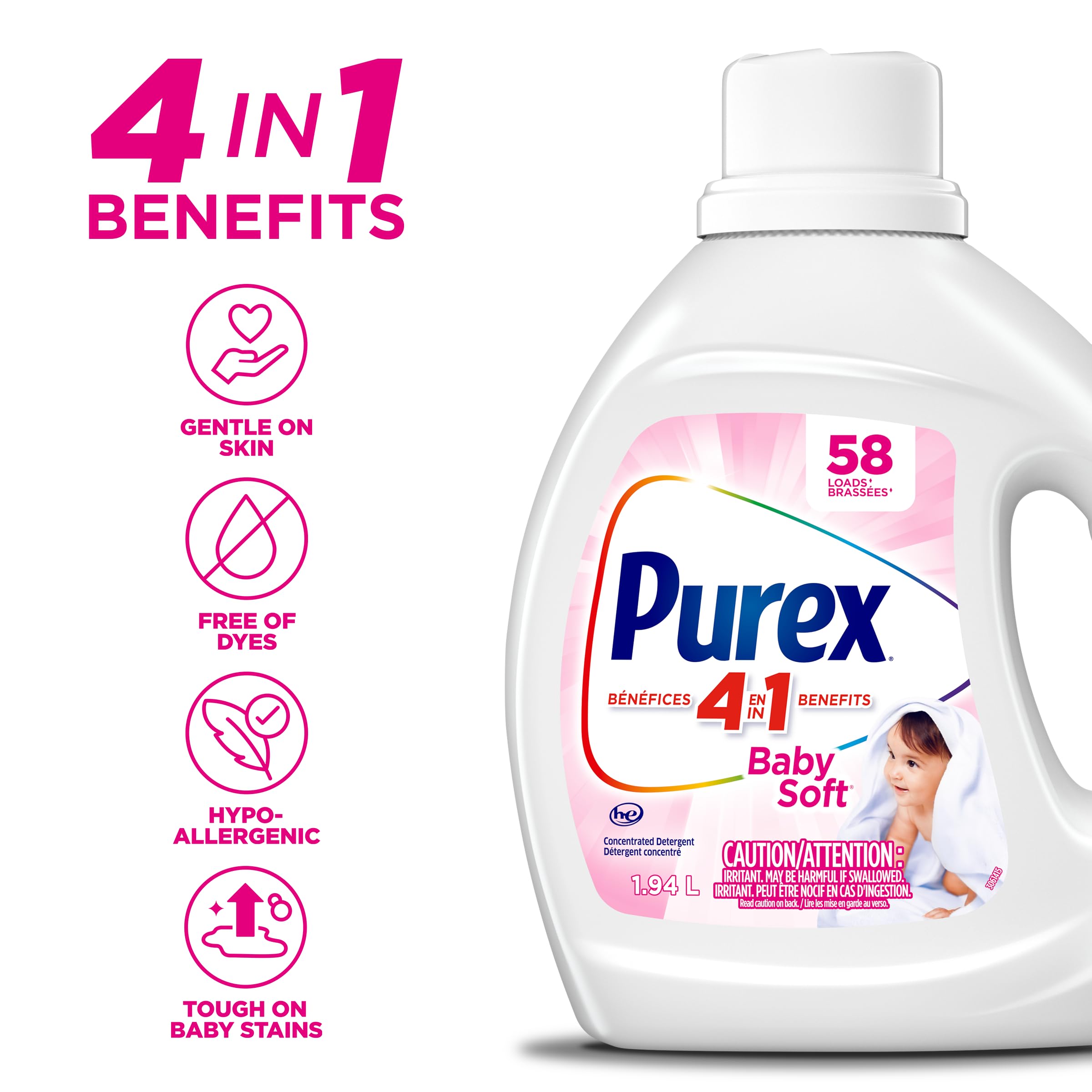 Purex Baby Soft, Concentrated Hypoallergenic Liquid Laundry Detergent for Babies, Free of Dyes, Pediatric Dermatologist Tested, Gentle on Skin, 1.94L, 58 Wash Loads, HE Compatible - 5