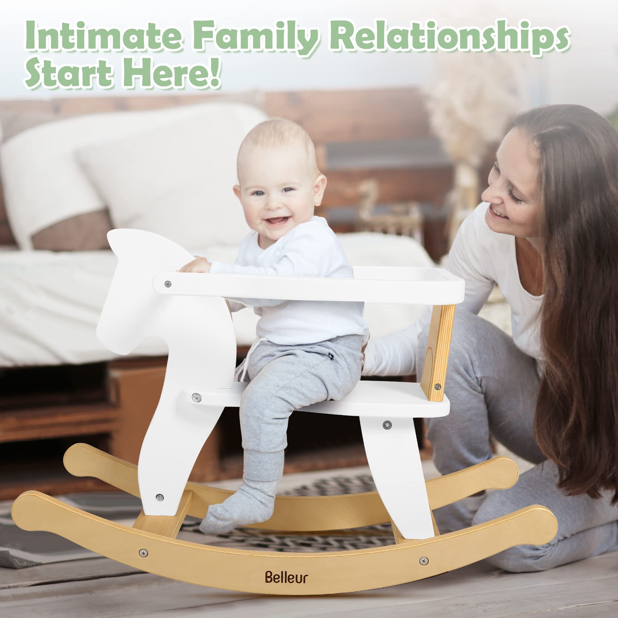 Belleur Wooden Rocking Horse for Toddler 1-3 Year Old, Baby Wood Ride-on Toys with Removable Fence for Indoor & Outdoor Activities, Boys & Girls Rocking Animal for Birthday & Christmas Gift White