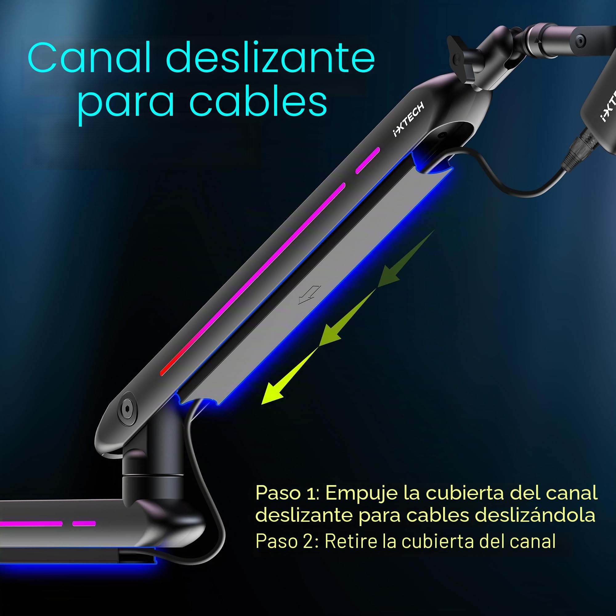 IXTECH Brazo de brazo RGB de perfil bajo para micrófono, soporte de brazo de micrófono ajustable con abrazadera de montaje en escritorio, soporte giratorio para micrófono con gestión de cables para