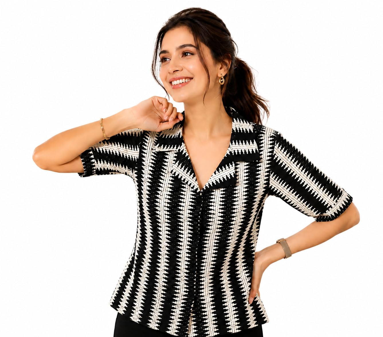 Silk Secrets Women's Black and White Striped Cropped Top with Notched Collar | Half Sleeve Casual Summer Button-Down Top for Girls-picture-49