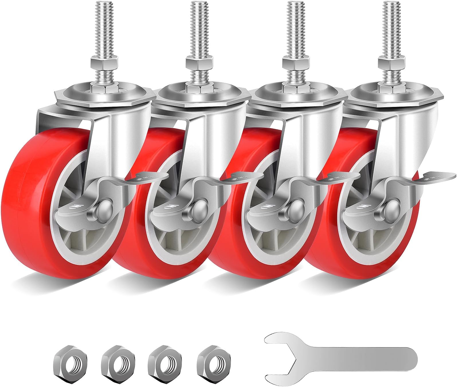 3 Inch Heavy Duty Stem Casters Swivel Wheels with Brake - 3/8" -16 x 1-1/2" (Stem Diameter 3/8", Stem Length 1-1/2"),Set of 4 with Locking Threaded Stem Caster Wheels - Load 600lbs