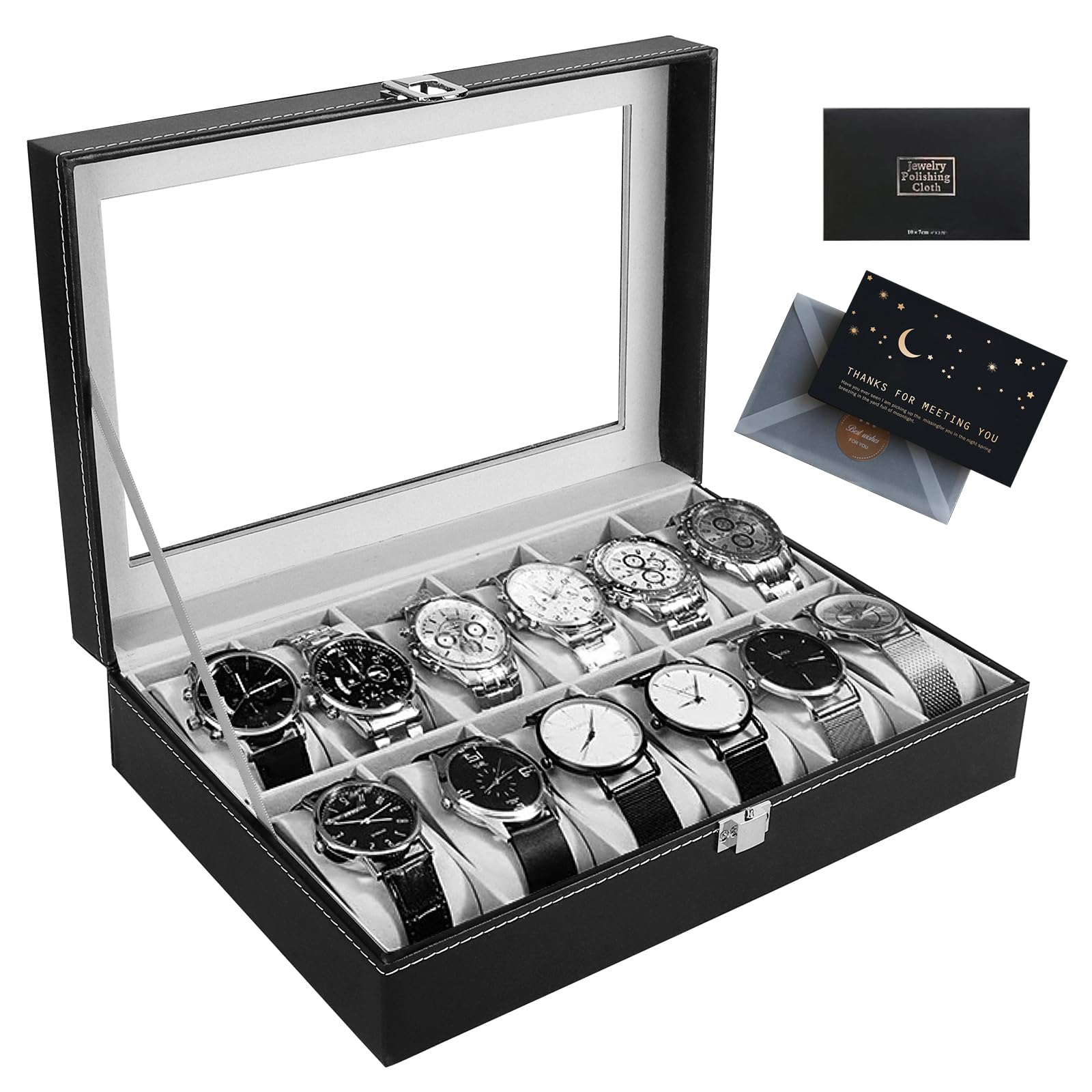 Scatola Porta Orologi Da 12 Posti - Custodia In Pelle PU Con Vetro, Ideale Per Collezioni - Foto 3