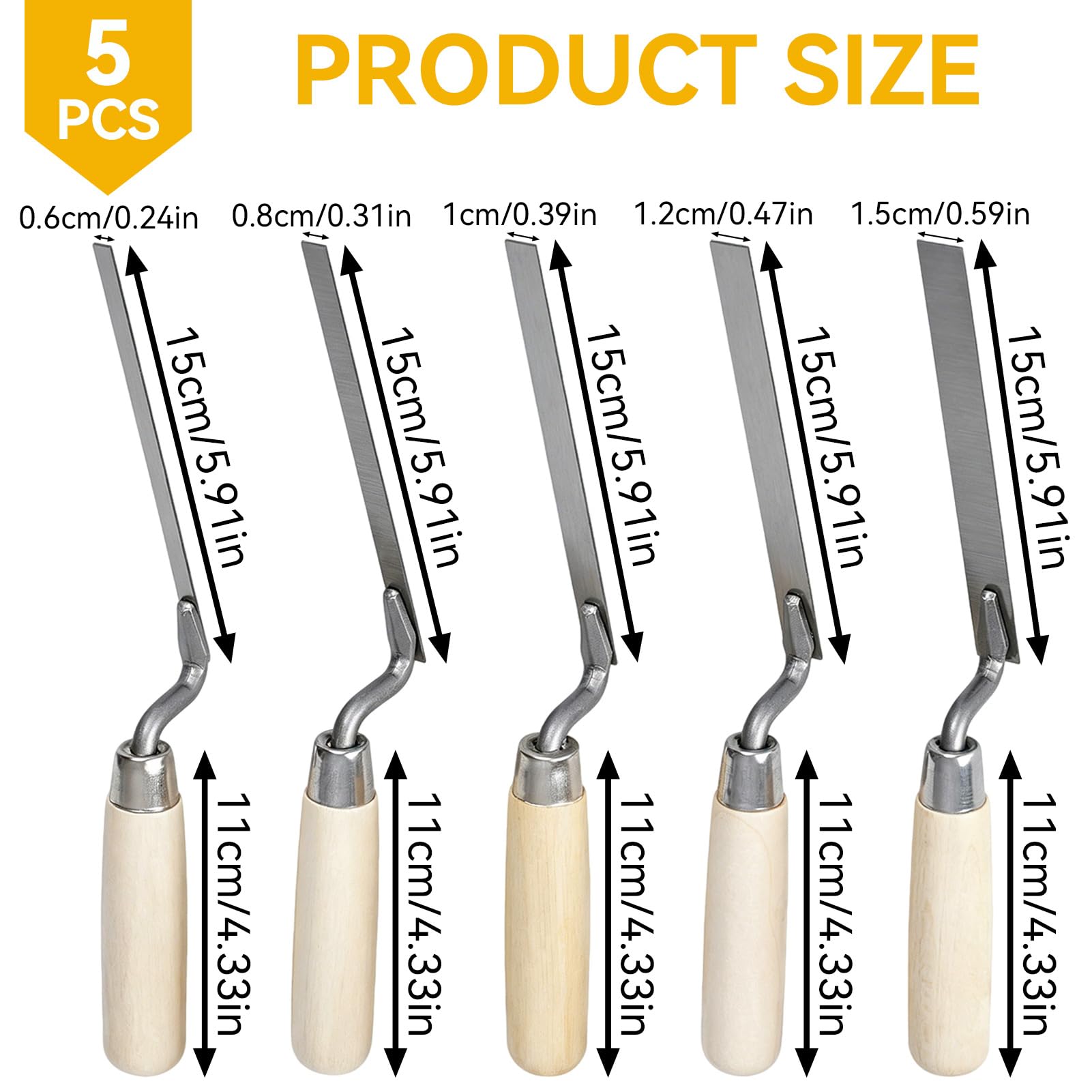 Set di 5 spatole per fughe, 6 8 10 12 14 mm, molla piatta in acciaio al carbonio, per dita, con manici in legno per muratura, mattoni e malta