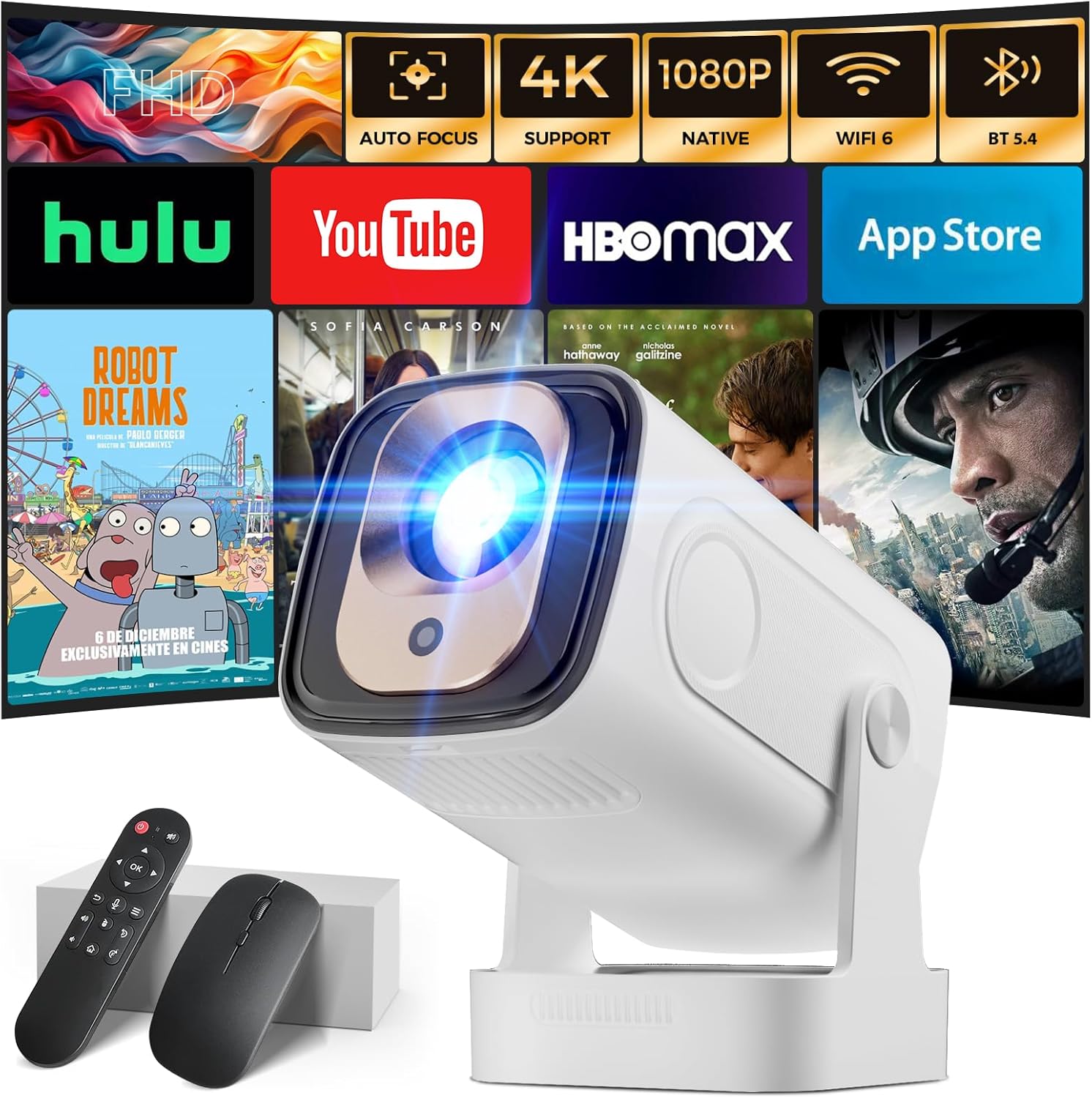 Projector [Auto Focus & 1080P Native & Bulit-in Apps] Projector 4K Support Auto Correction WiFi 6 Bluetooth 5.4 Mini Portable Projector Compatible with HDMI/TV Stick/Memory Stick/Laptop, White