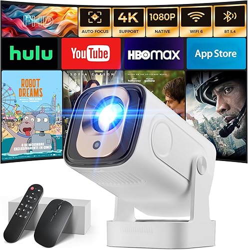 Proyector Enfoque automático y aplicaciones nativas y integradas de 1080P Proyector 4K compatible con corrección automática WiFi 6 Bluetooth 5.4