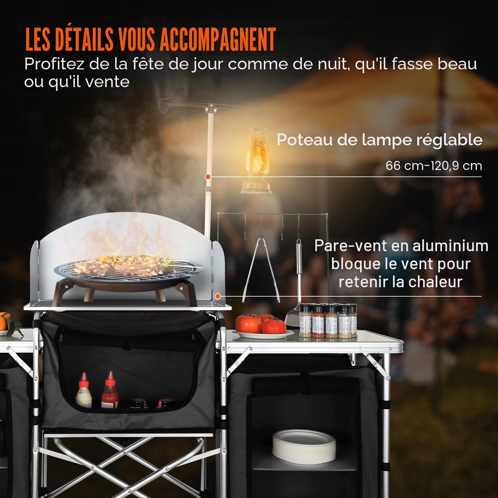 VEVOR Cuisine de Camping 174 x 176 x 46 cm Armoire de Camping Pliable Structure en Alu Grand Comptoir Meuble de Cuisine avec Pare-Brise 5 Compartiments avec Sac de Transport Noir pour BBQ Pique-Nique