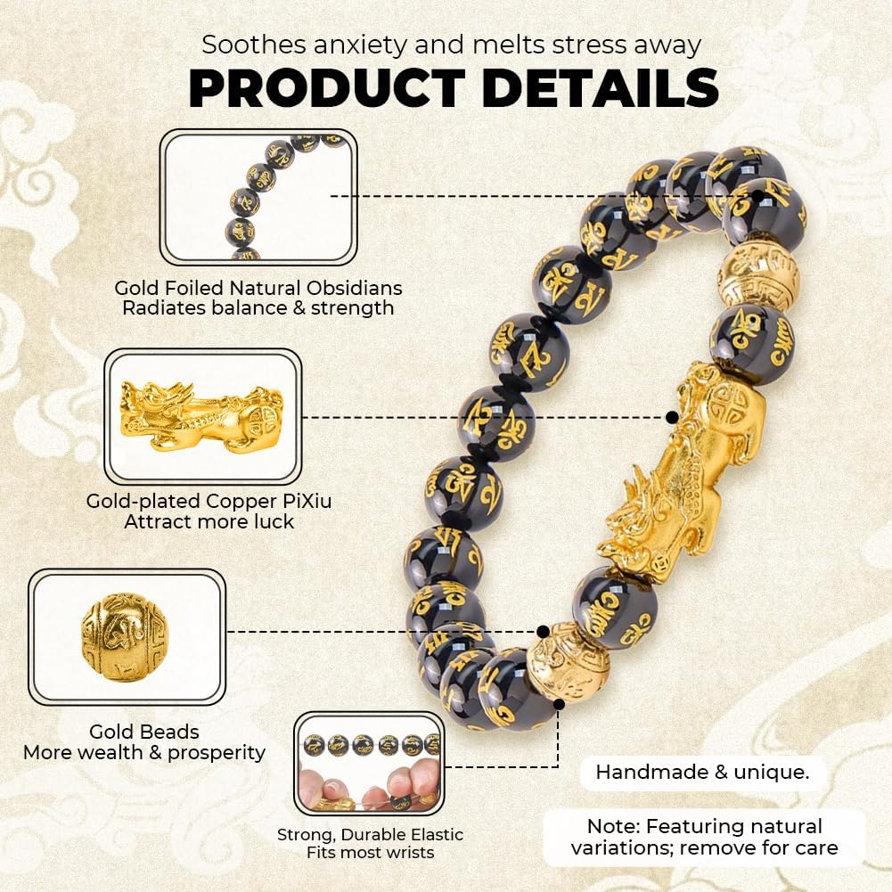 Feng Shui Bracelet, Gilded Pixiu with Black Obsidian, Unisex Adjustable Good Luck Bracelet, Wealth and Luck Aura Stone for Positive Energy & Abundance, Includes Gift Box & Card - 10mm - Image 4