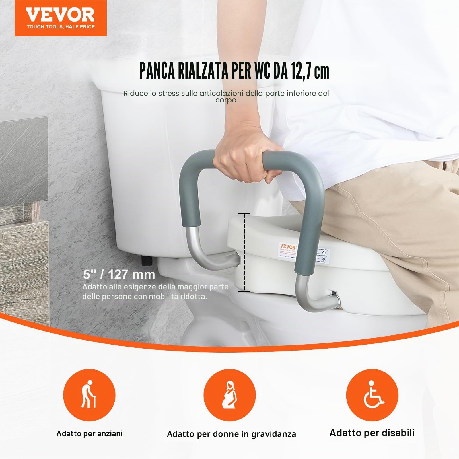 VEVOR Sedile WC Rialzato 435 x 535 x 340 mm Rialzo per WC Universale Altezza Rialzata 127 mm Capacità 158,7 kg per WC Rotondo, Allungato, Larghezza Regolabile, per Anziani, Disabili, Paziente, Incinta