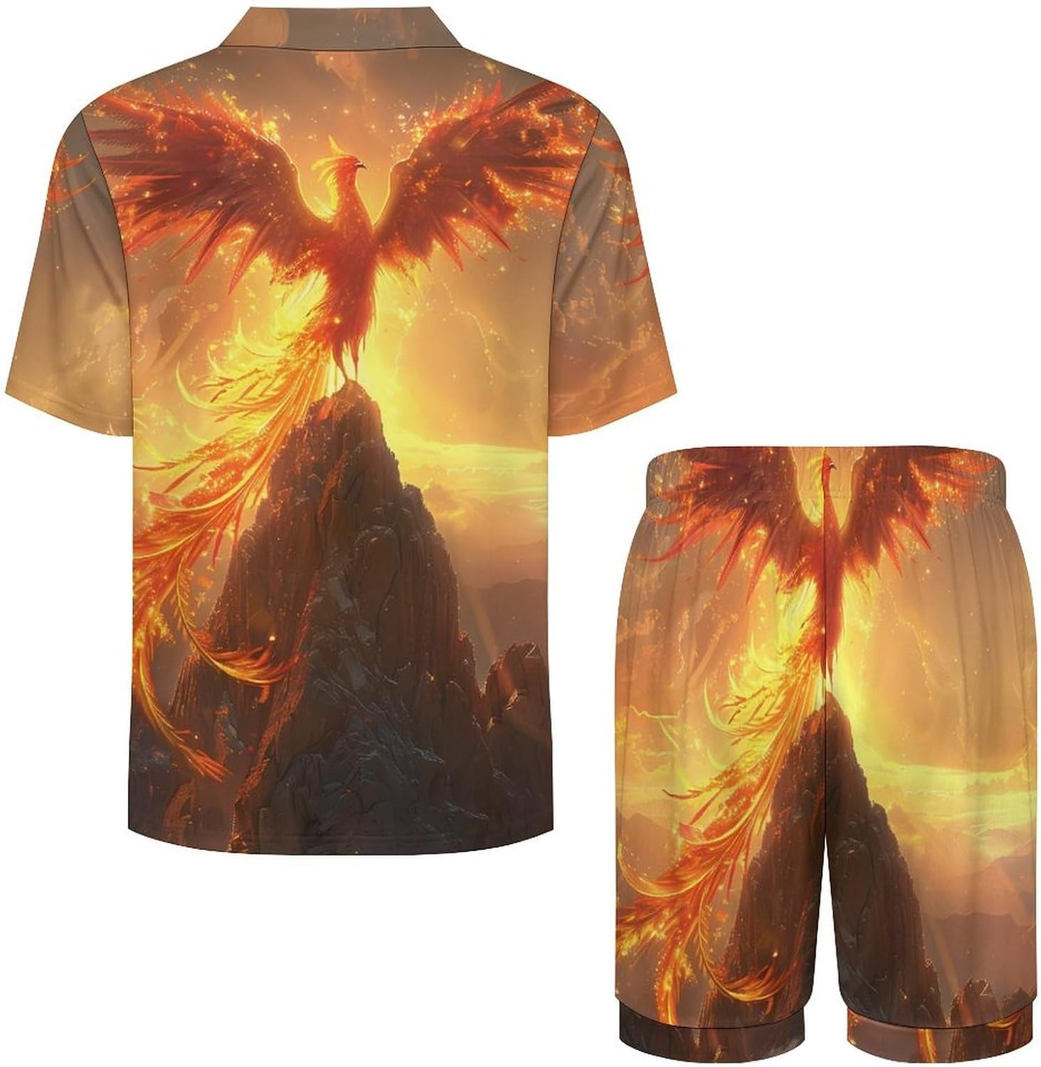 Phoenixes Bird with Flames Men's Short Sleeve Pajama Set Satin Silk Like Lounge Sleepwear