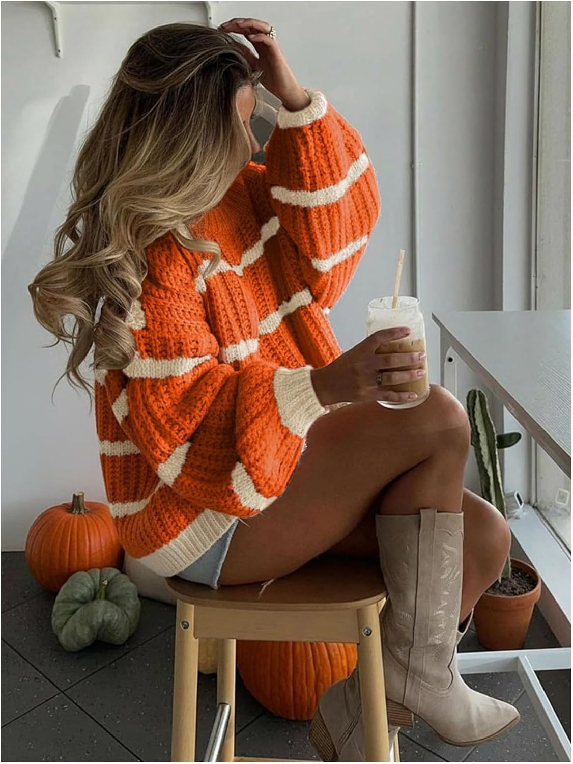 Verdusa Women‘s Off The Shoulder Sweater Striped Color Block Chunky Oversized Cozy Sweaters Winter Clothing - Image 3